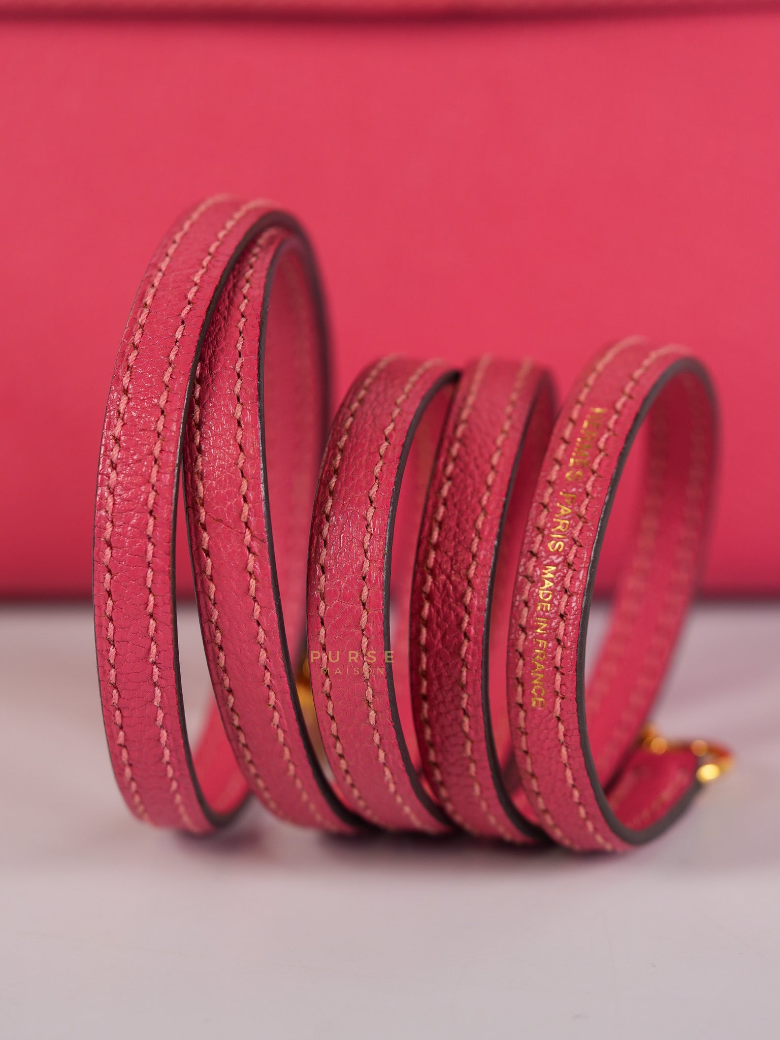 Mini Kelly in Rose Azalea Chèvre Mysore Leather Gold Hardware Stamp | Purse Maison Luxury Bags Shop