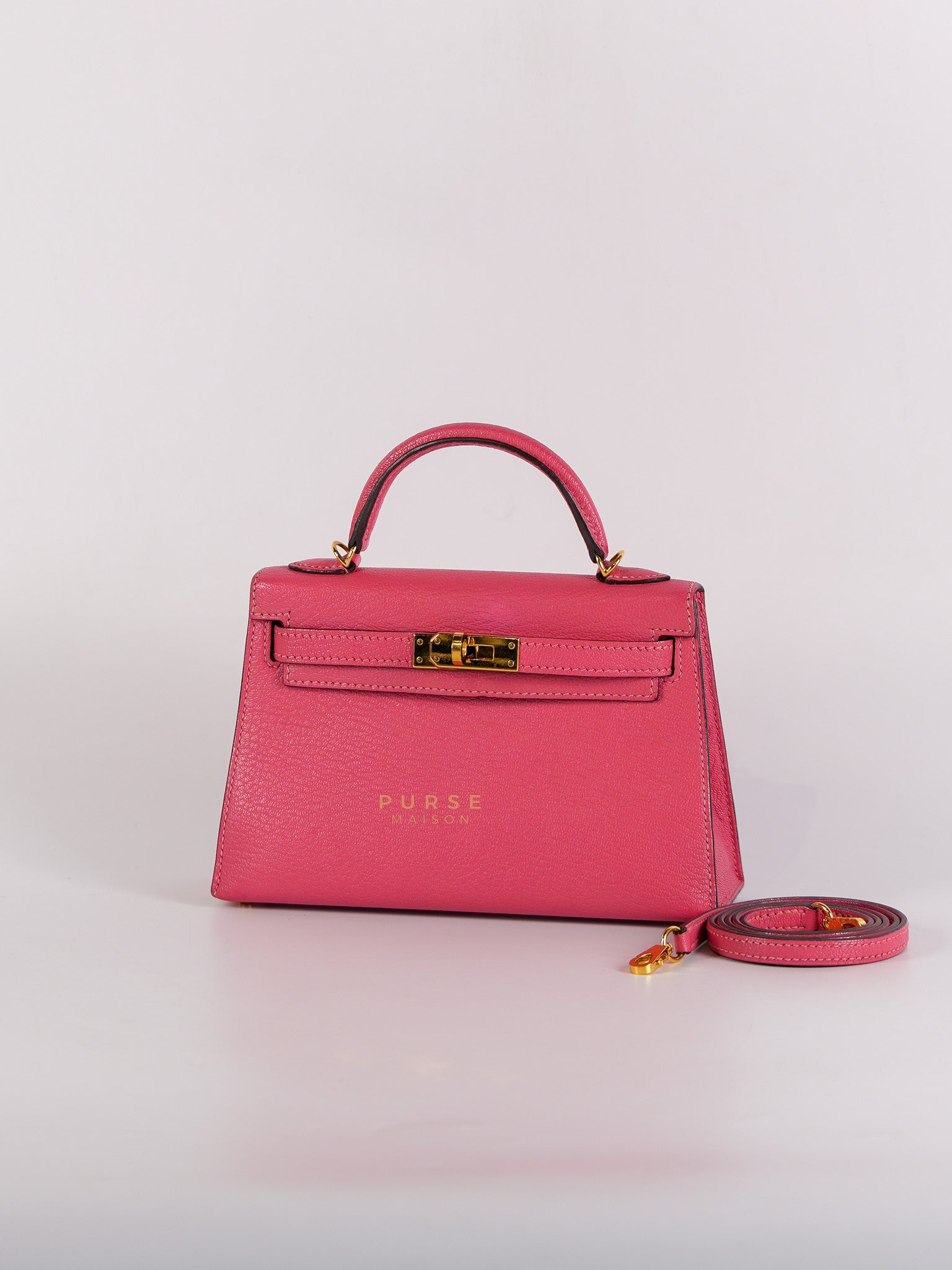 Mini Kelly in Rose Azalea Chèvre Mysore Leather Gold Hardware Stamp | Purse Maison Luxury Bags Shop