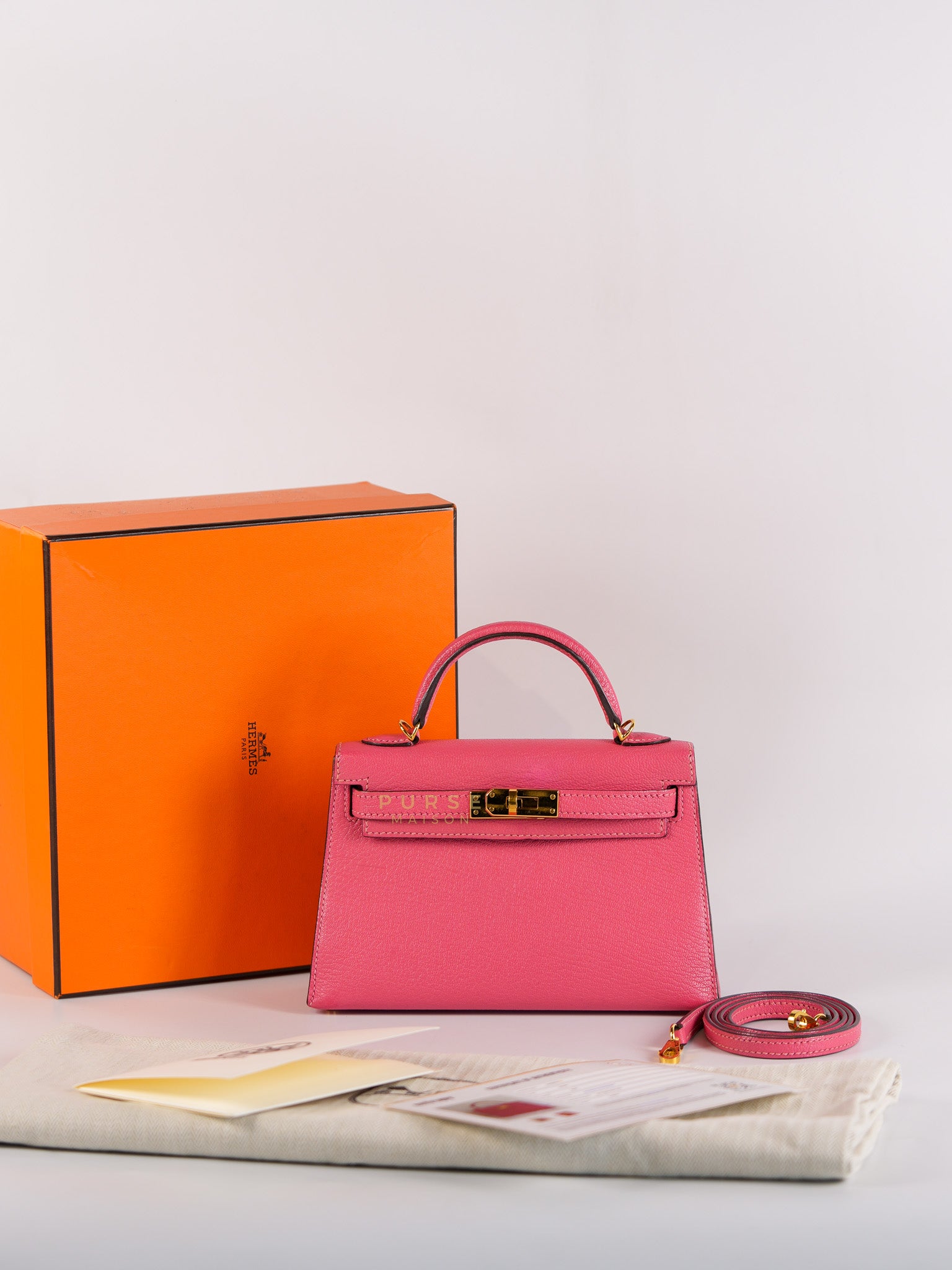 Mini Kelly in Rose Azalea Chèvre Mysore Leather Gold Hardware Stamp | Purse Maison Luxury Bags Shop