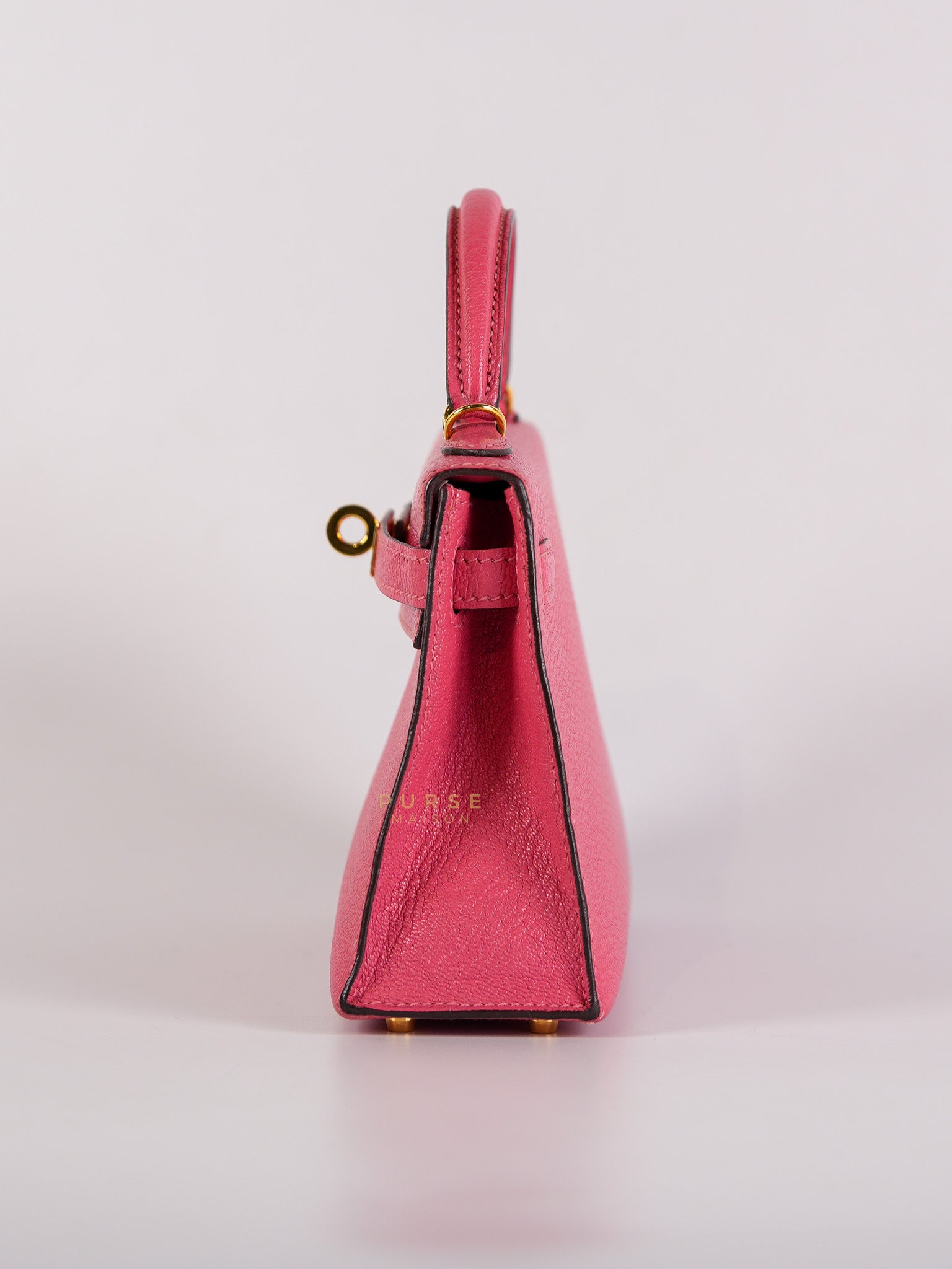 Mini Kelly in Rose Azalea Chèvre Mysore Leather Gold Hardware Stamp | Purse Maison Luxury Bags Shop