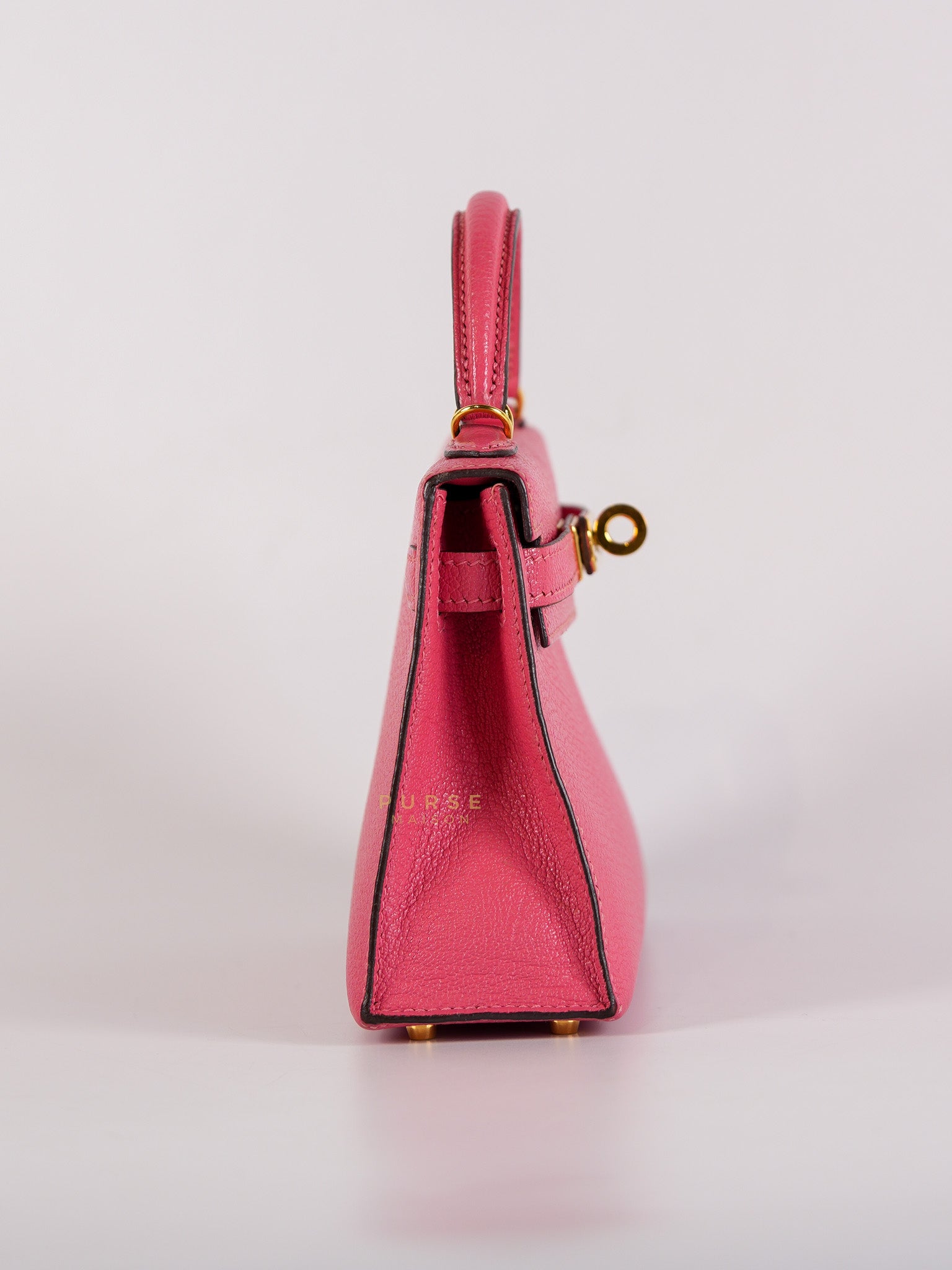 Mini Kelly in Rose Azalea Chèvre Mysore Leather Gold Hardware Stamp | Purse Maison Luxury Bags Shop