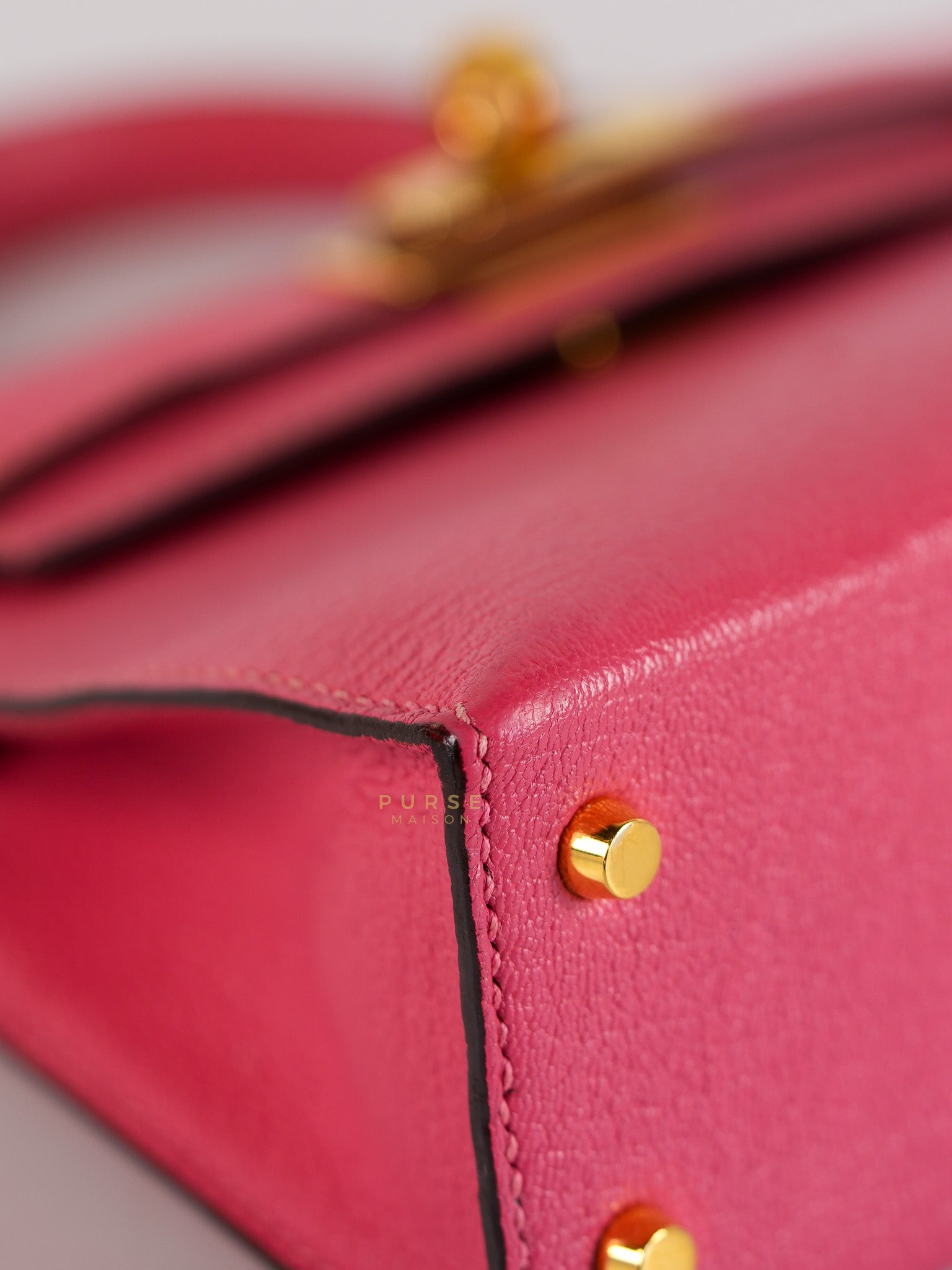 Mini Kelly in Rose Azalea Chèvre Mysore Leather Gold Hardware Stamp | Purse Maison Luxury Bags Shop