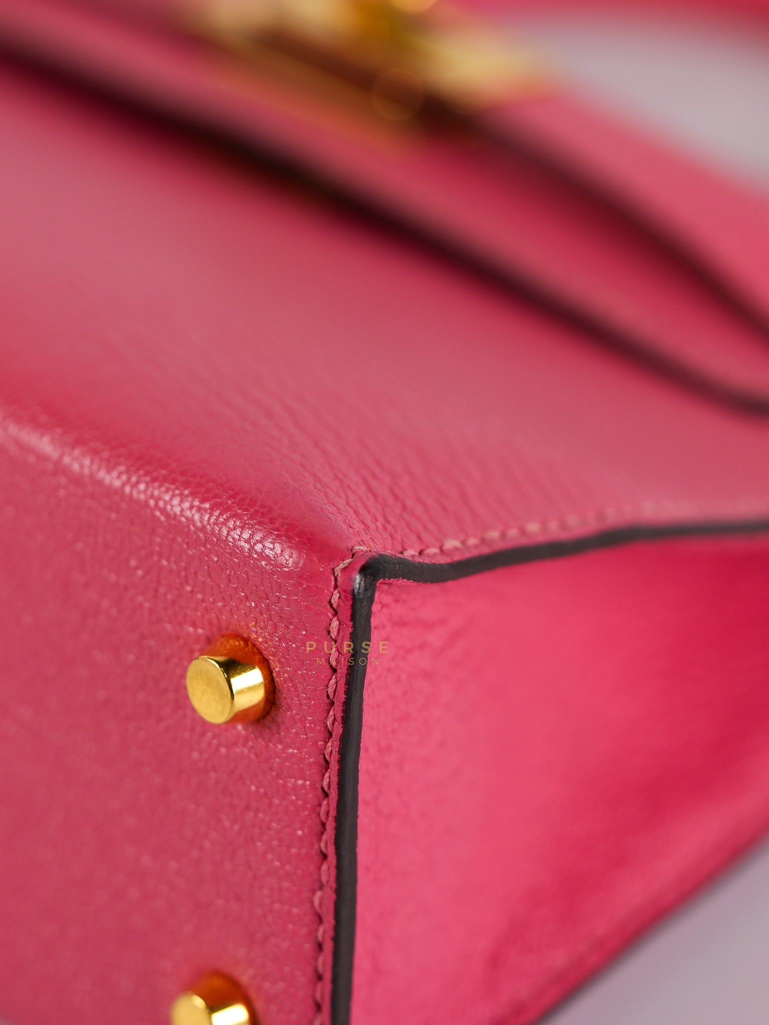 Mini Kelly in Rose Azalea Chèvre Mysore Leather Gold Hardware Stamp | Purse Maison Luxury Bags Shop