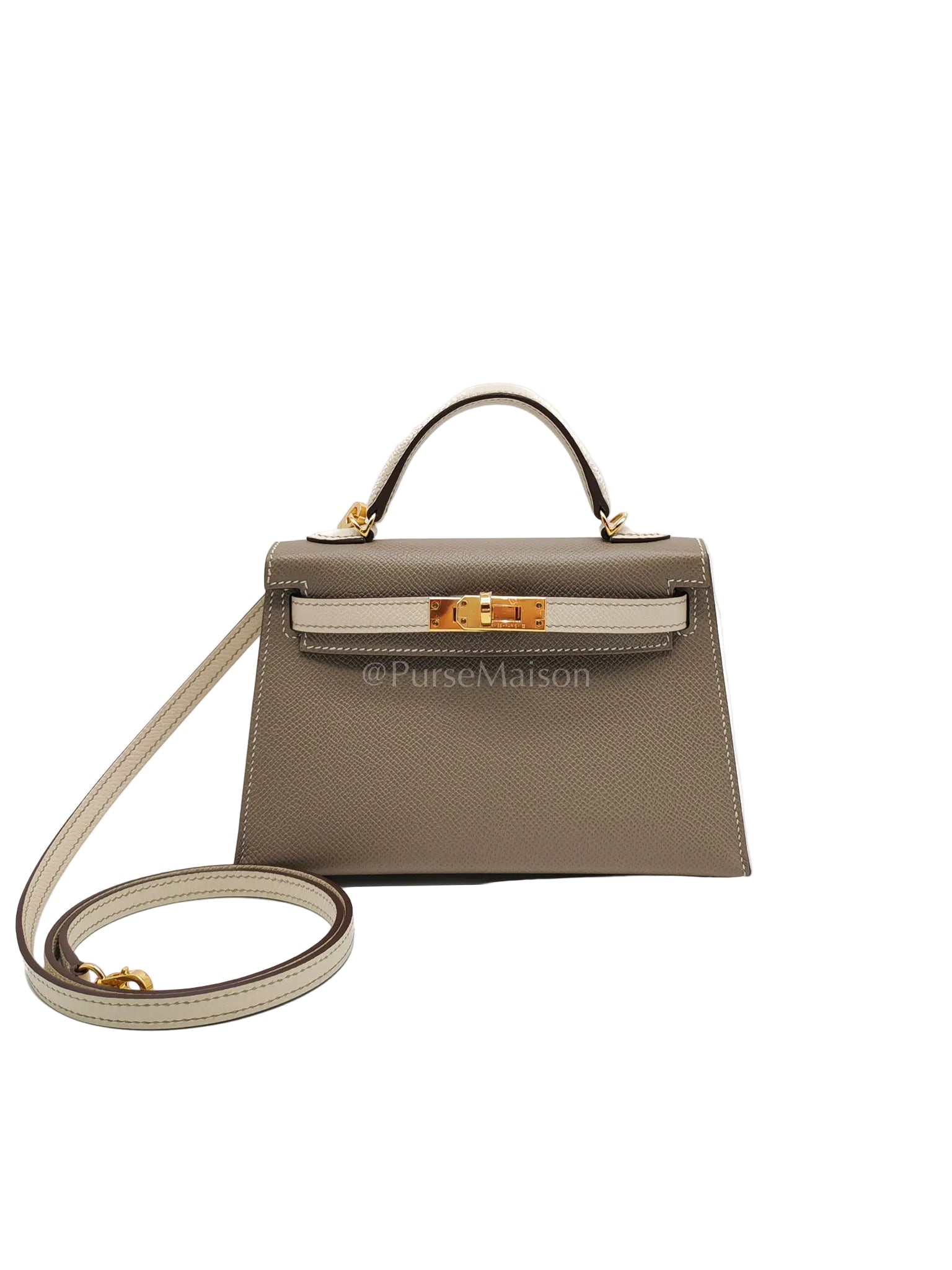 Mini Kelly Special Order in Gris Tourterelle and Nata Epsom Leather and Gold Hardware Stamp W (2024) | Purse Maison Luxury Bags Shop
