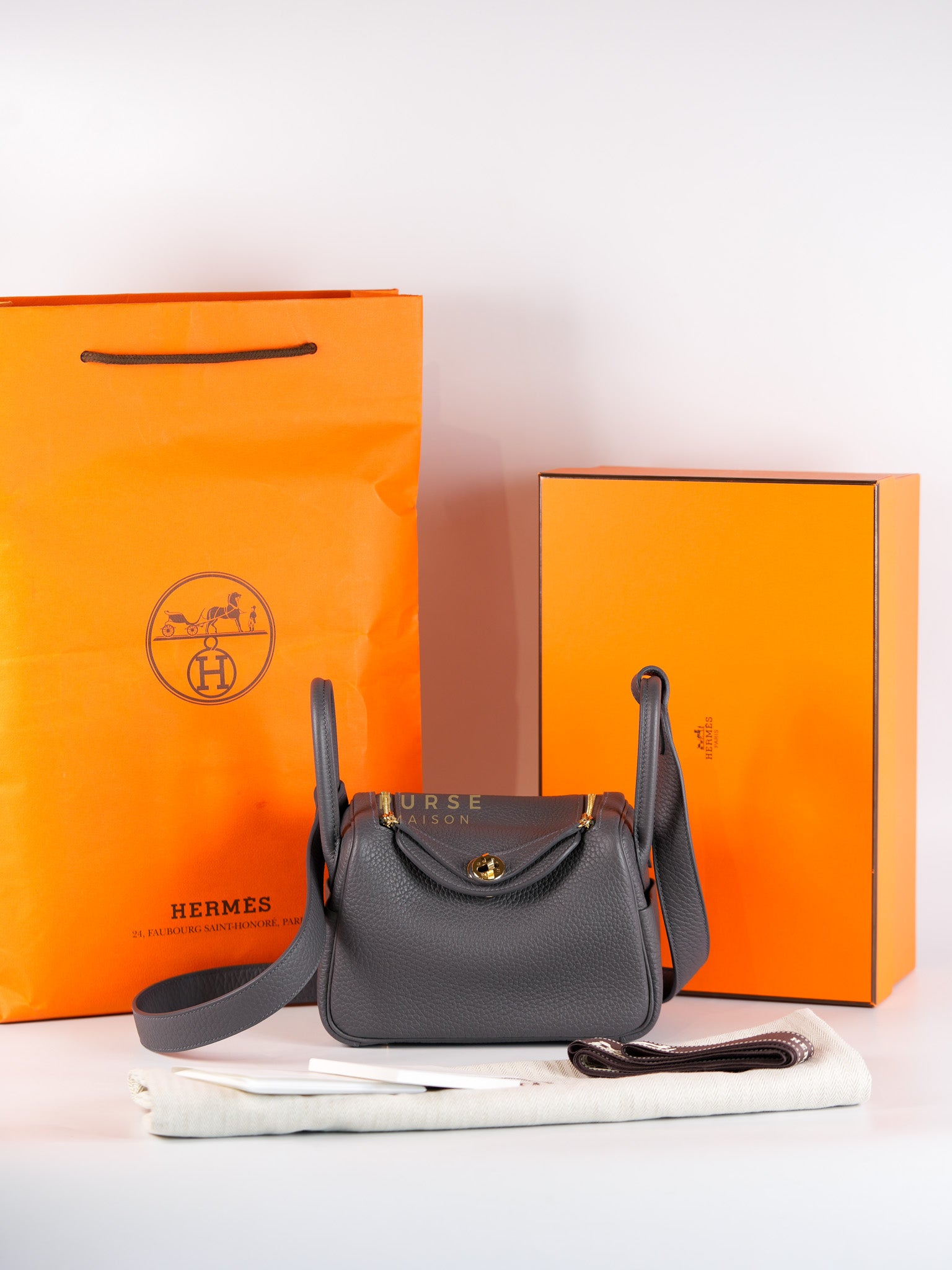 Mini Lindy 2 Gris Meyer Clemence Leather in Gold Hardware Stamp W (2024) | Purse Maison Luxury Bags Shop