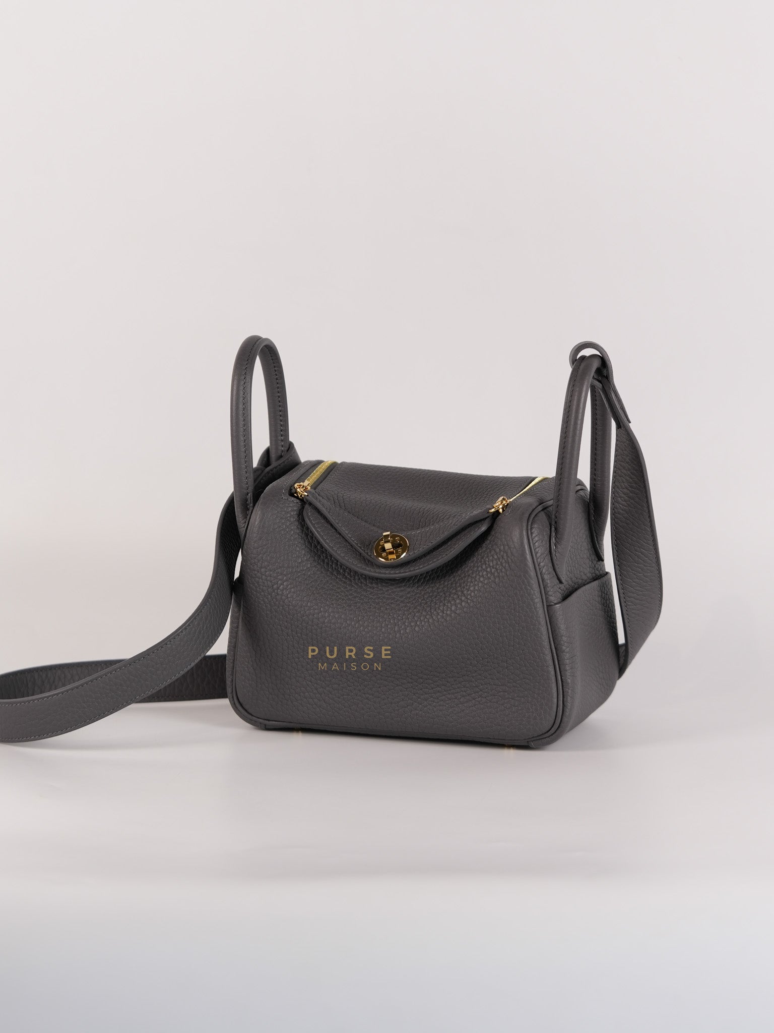 Mini Lindy 2 Gris Meyer Clemence Leather in Gold Hardware Stamp W (2024) | Purse Maison Luxury Bags Shop