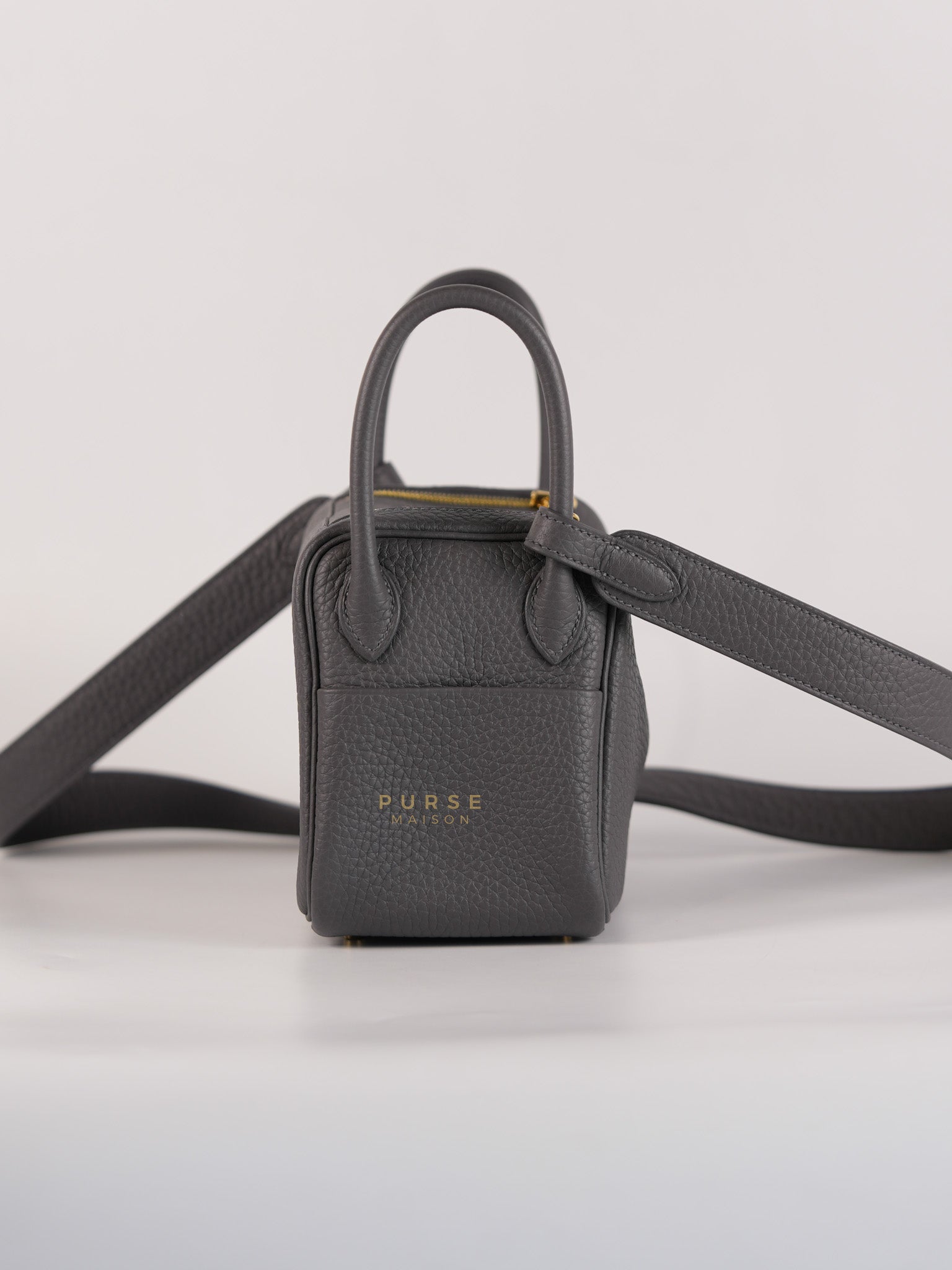 Mini Lindy 2 Gris Meyer Clemence Leather in Gold Hardware Stamp W (2024) | Purse Maison Luxury Bags Shop