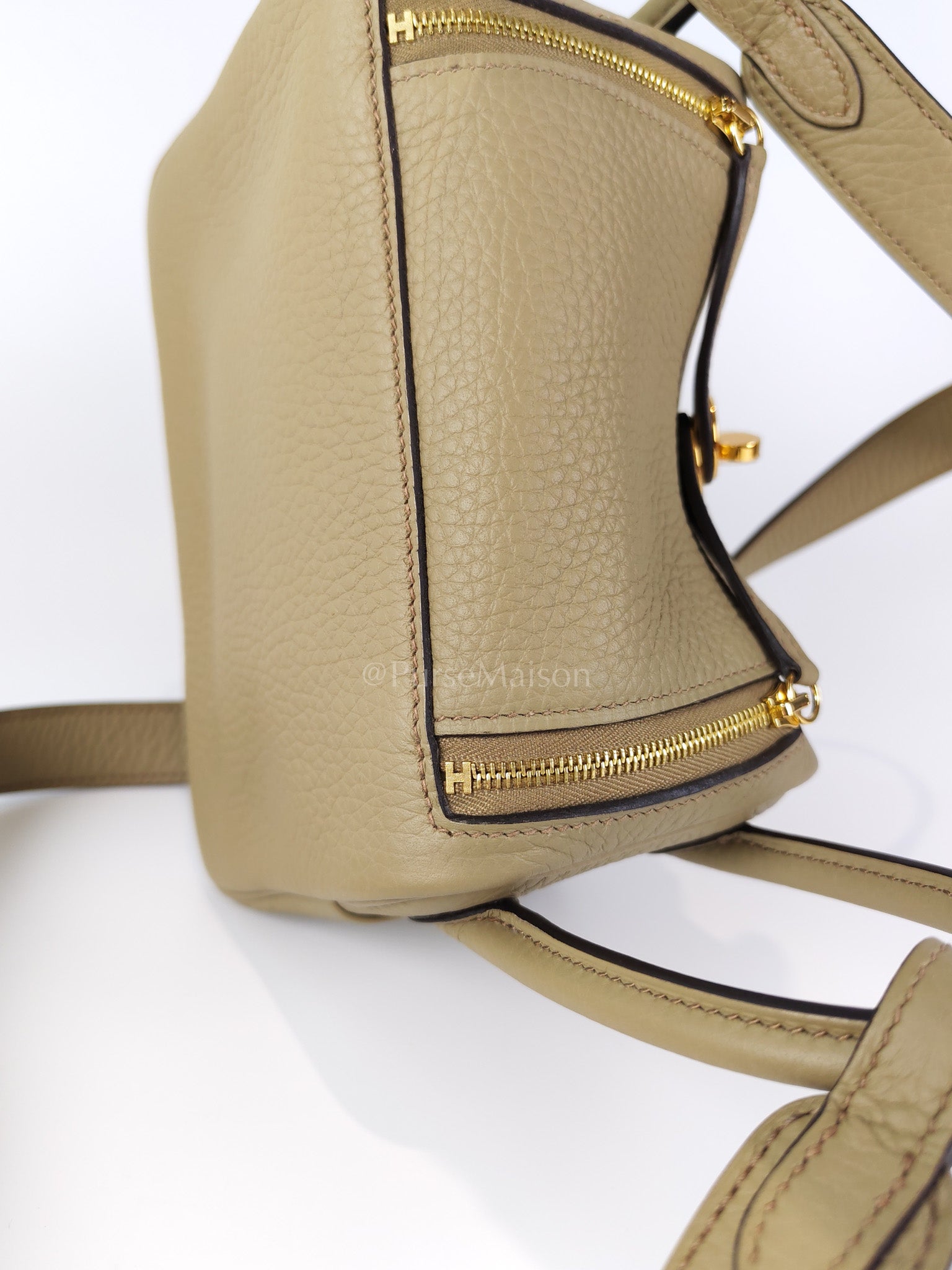 Mini Lindy Beige Marfa in Clemence Leather and Gold Hardware Stamp W (2024) | Purse Maison Luxury Bags Shop