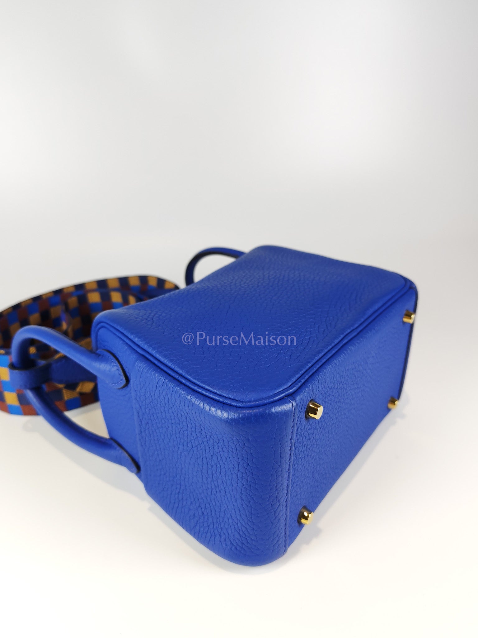 Mini Lindy Bleu Royal in Clemence Leather Maxi Quadrille Strap and Gold Hardware Stamp U (2022) | Purse Maison Luxury Bags Shop