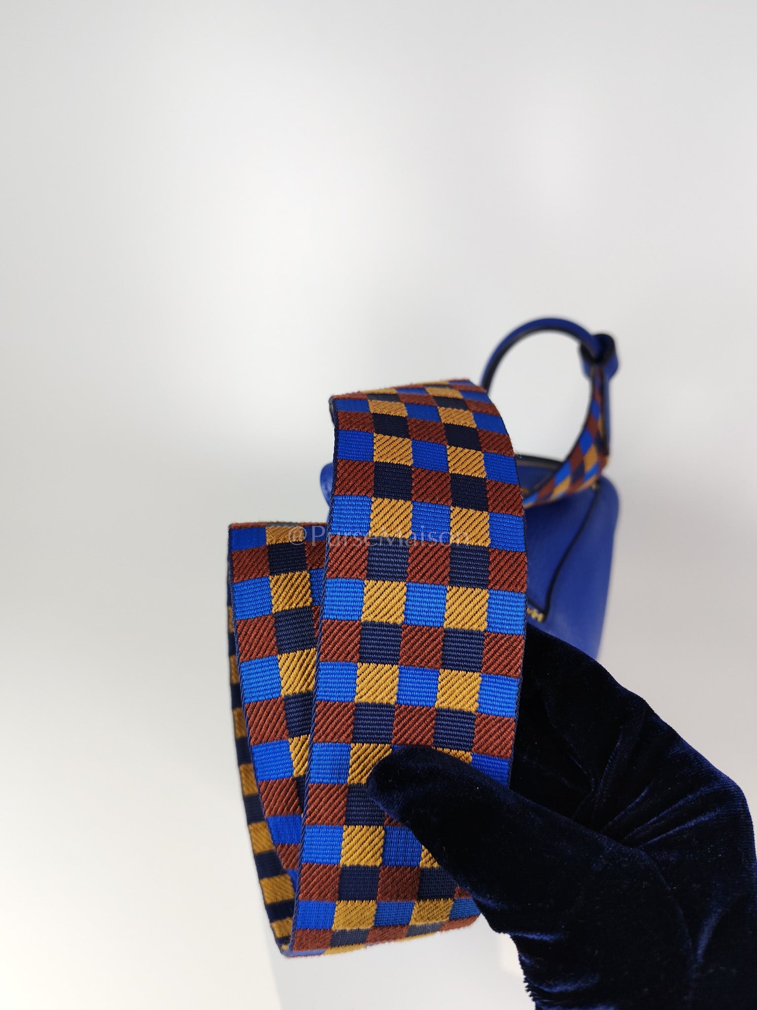 Mini Lindy Bleu Royal in Clemence Leather Maxi Quadrille Strap and Gold Hardware Stamp U (2022) | Purse Maison Luxury Bags Shop