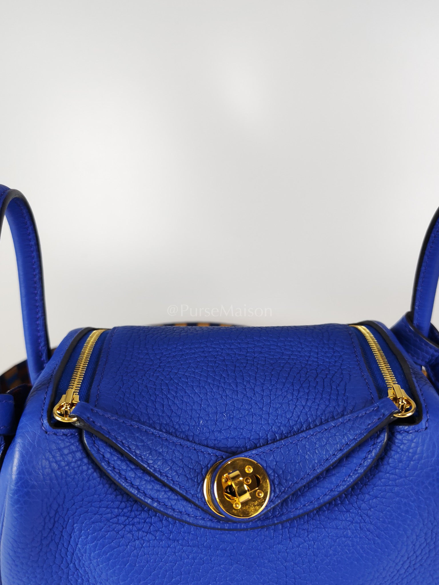Mini Lindy Bleu Royal in Clemence Leather Maxi Quadrille Strap and Gold Hardware Stamp U (2022) | Purse Maison Luxury Bags Shop