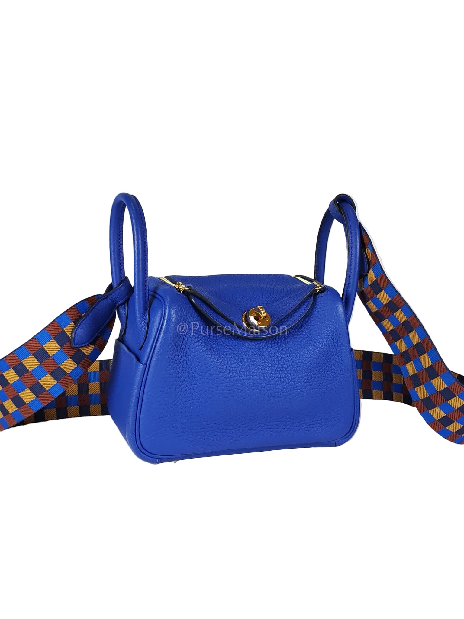 Mini Lindy Bleu Royal in Clemence Leather Maxi Quadrille Strap and Gold Hardware Stamp U (2022) | Purse Maison Luxury Bags Shop