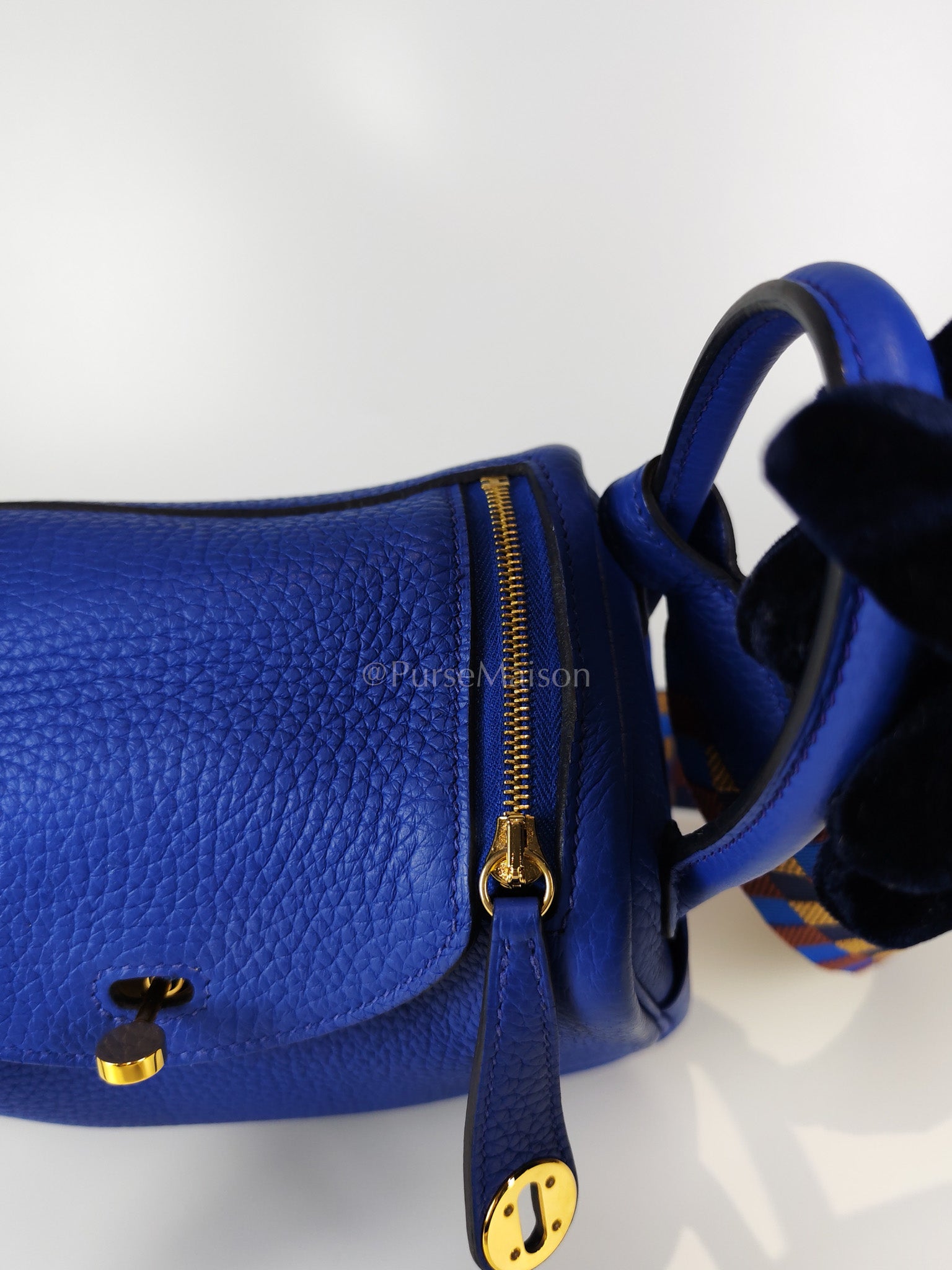 Mini Lindy Bleu Royal in Clemence Leather Maxi Quadrille Strap and Gold Hardware Stamp U (2022) | Purse Maison Luxury Bags Shop