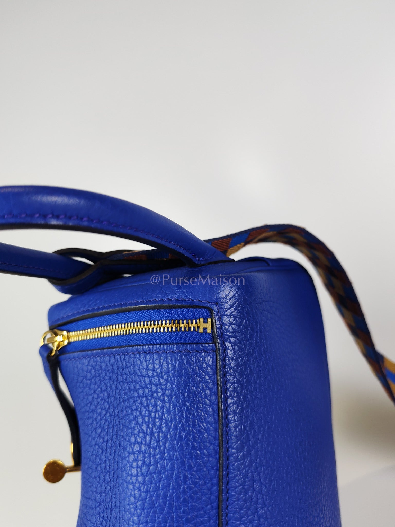 Mini Lindy Bleu Royal in Clemence Leather Maxi Quadrille Strap and Gold Hardware Stamp U (2022) | Purse Maison Luxury Bags Shop