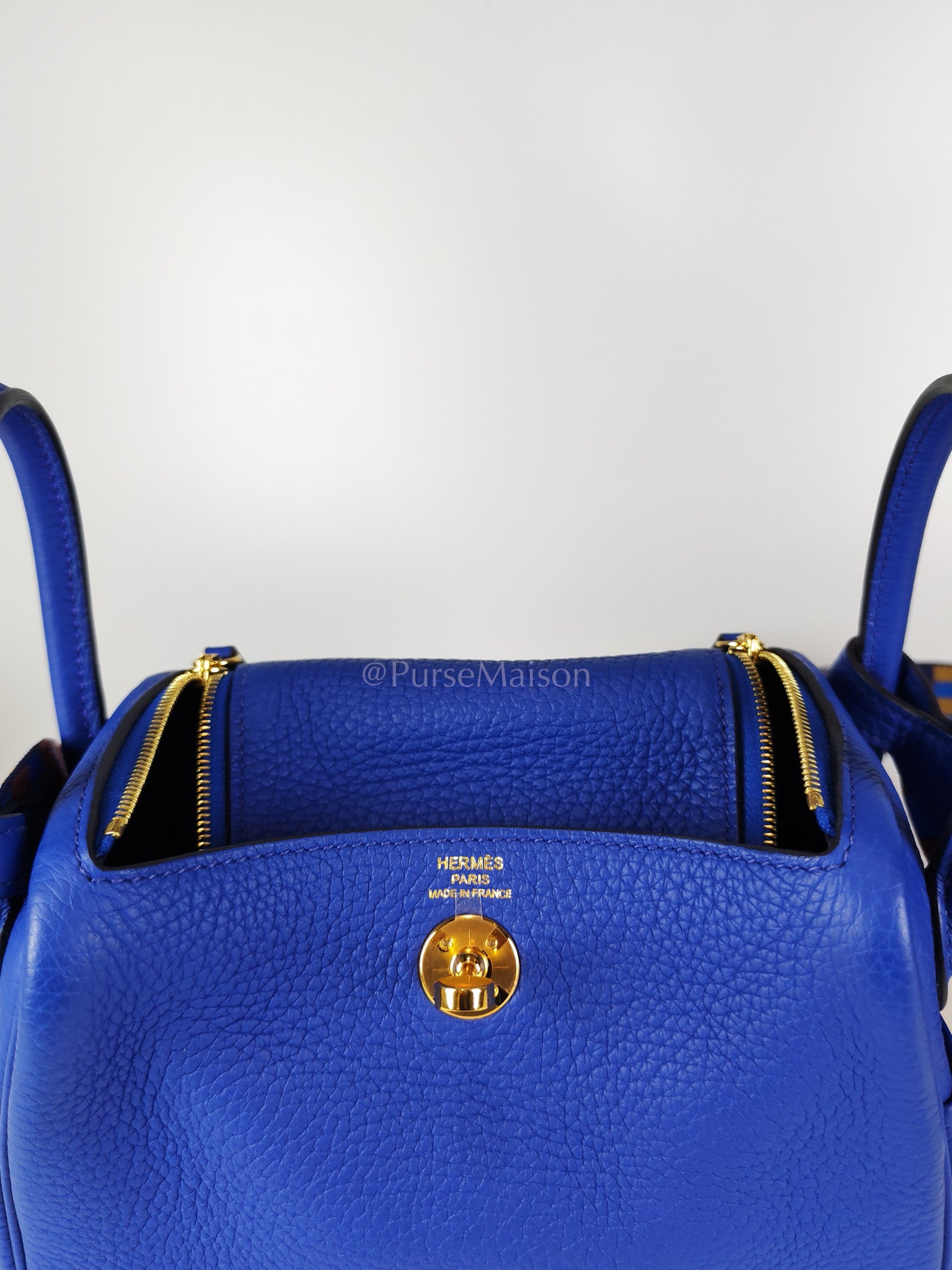 Mini Lindy Bleu Royal in Clemence Leather Maxi Quadrille Strap and Gold Hardware Stamp U (2022) | Purse Maison Luxury Bags Shop