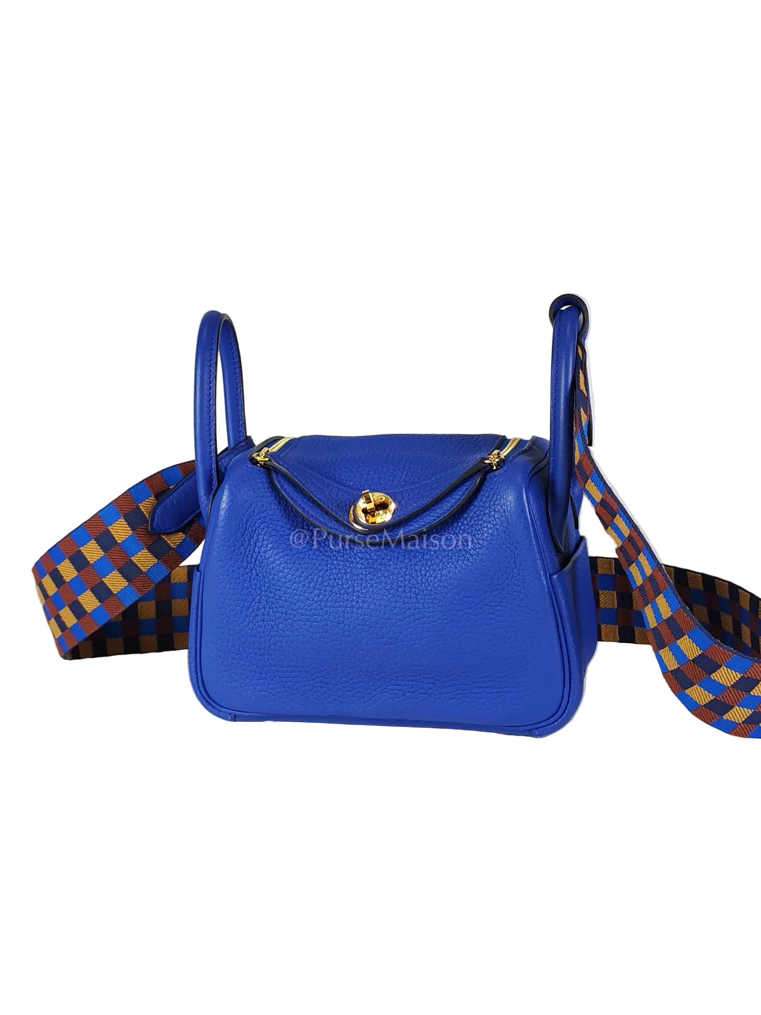 Mini Lindy Bleu Royal in Clemence Leather Maxi Quadrille Strap and Gold Hardware Stamp U (2022) | Purse Maison Luxury Bags Shop