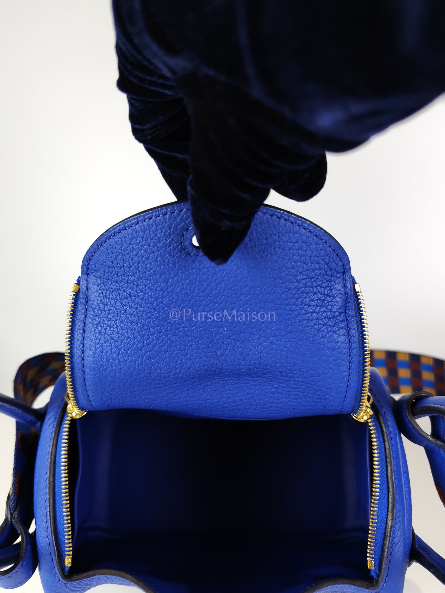 Mini Lindy Bleu Royal in Clemence Leather Maxi Quadrille Strap and Gold Hardware Stamp U (2022) | Purse Maison Luxury Bags Shop