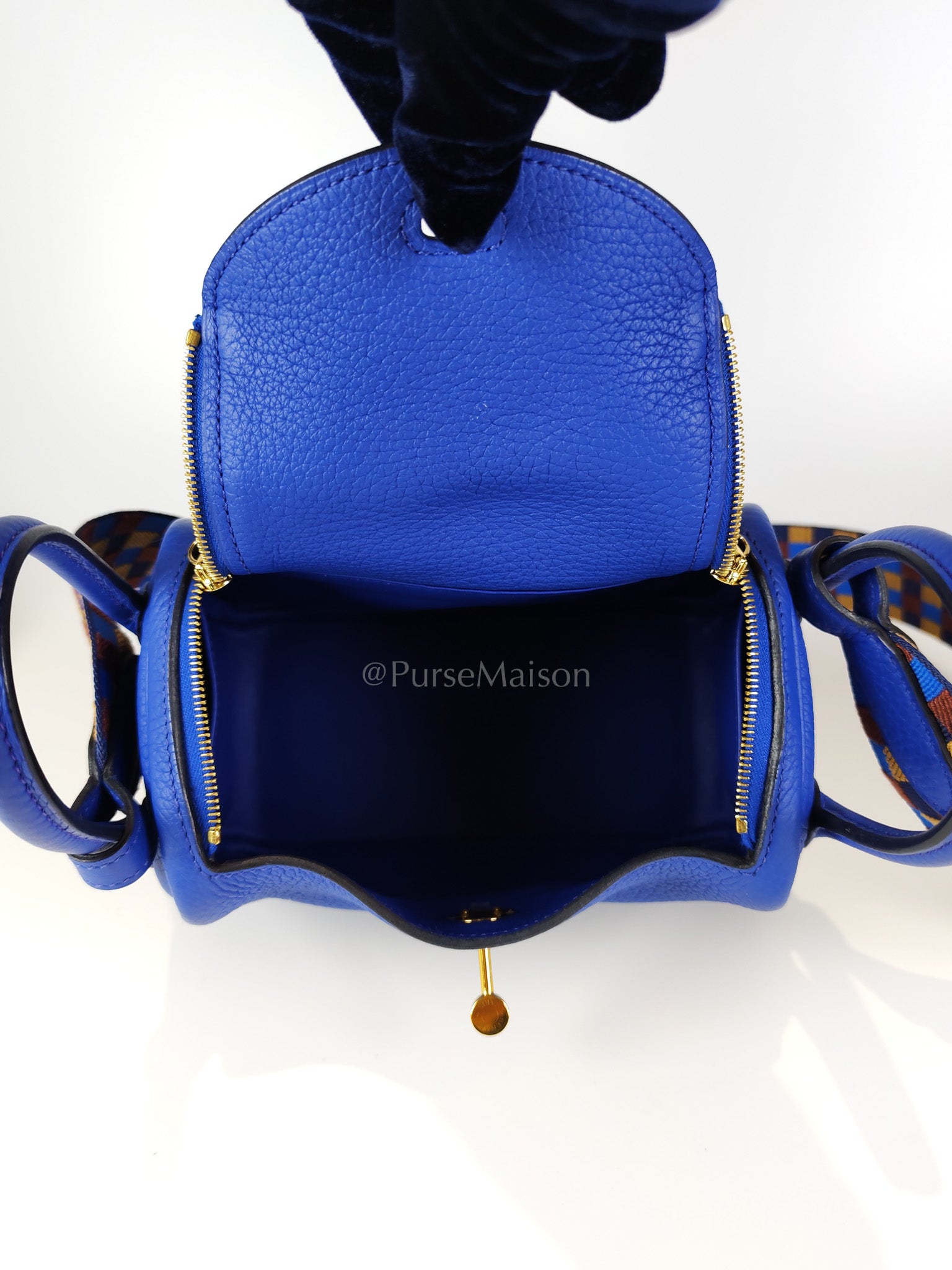 Mini Lindy Bleu Royal in Clemence Leather Maxi Quadrille Strap and Gold Hardware Stamp U (2022) | Purse Maison Luxury Bags Shop