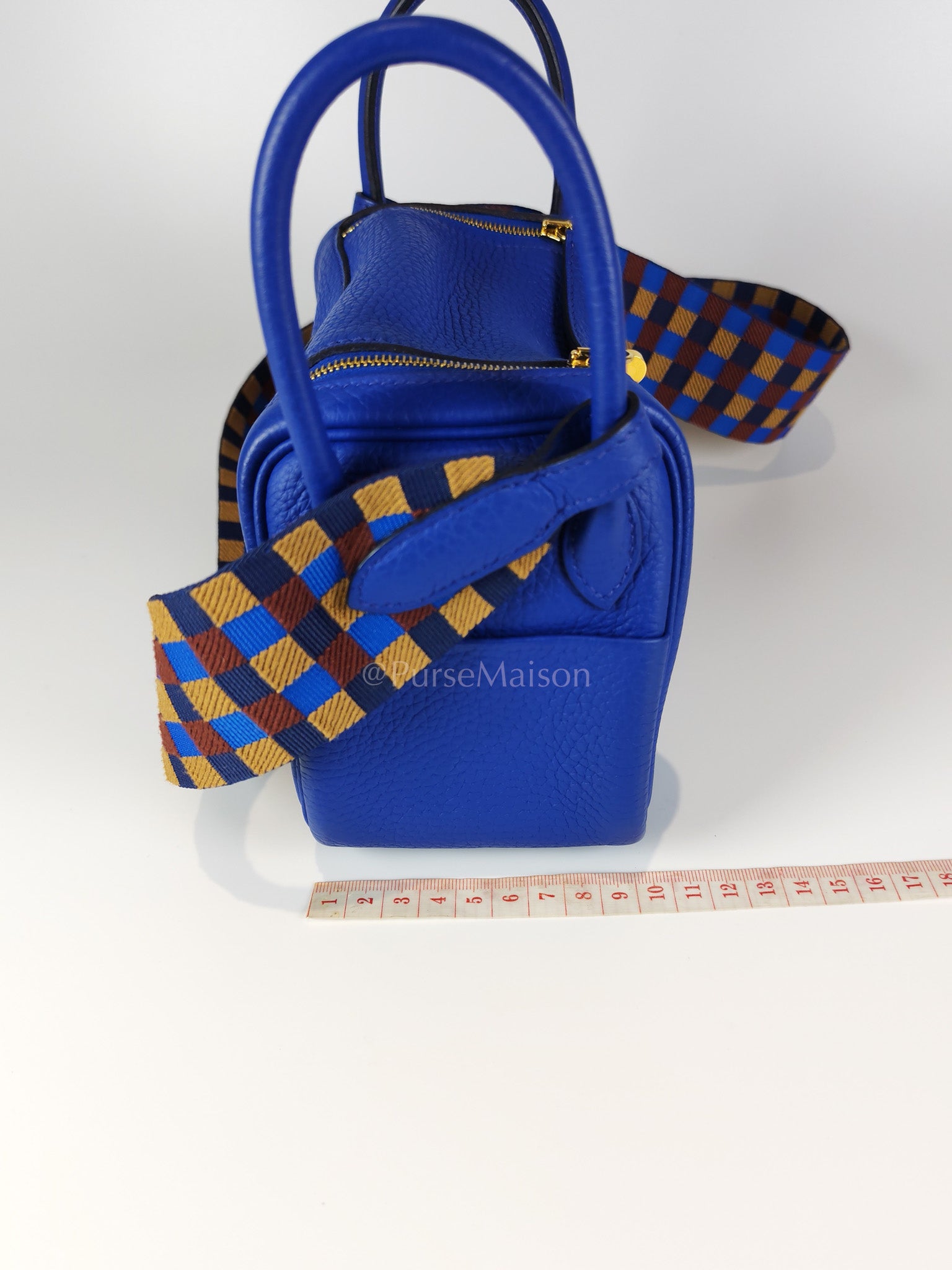 Mini Lindy Bleu Royal in Clemence Leather Maxi Quadrille Strap and Gold Hardware Stamp U (2022) | Purse Maison Luxury Bags Shop