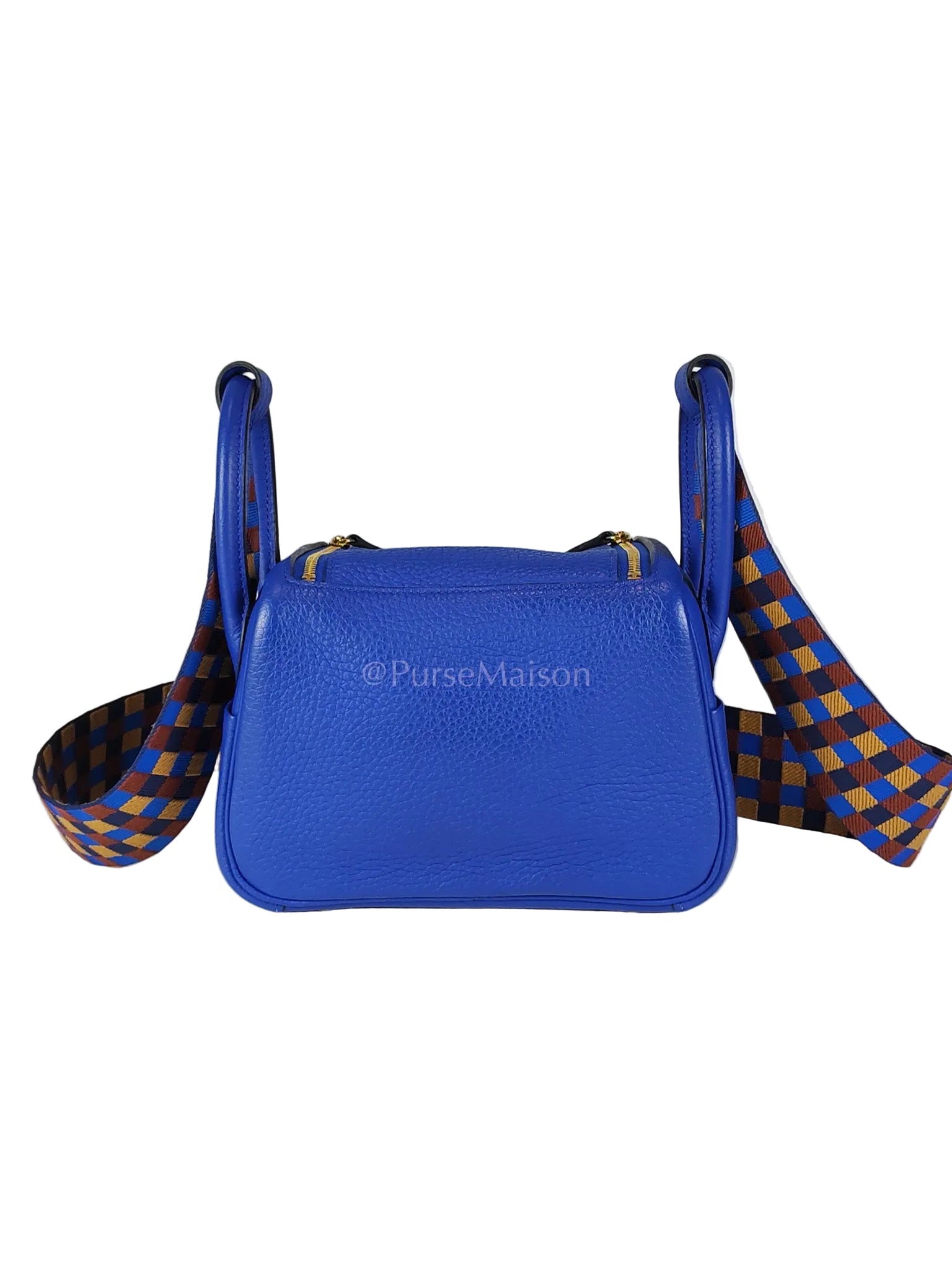 Mini Lindy Bleu Royal in Clemence Leather Maxi Quadrille Strap and Gold Hardware Stamp U (2022) | Purse Maison Luxury Bags Shop