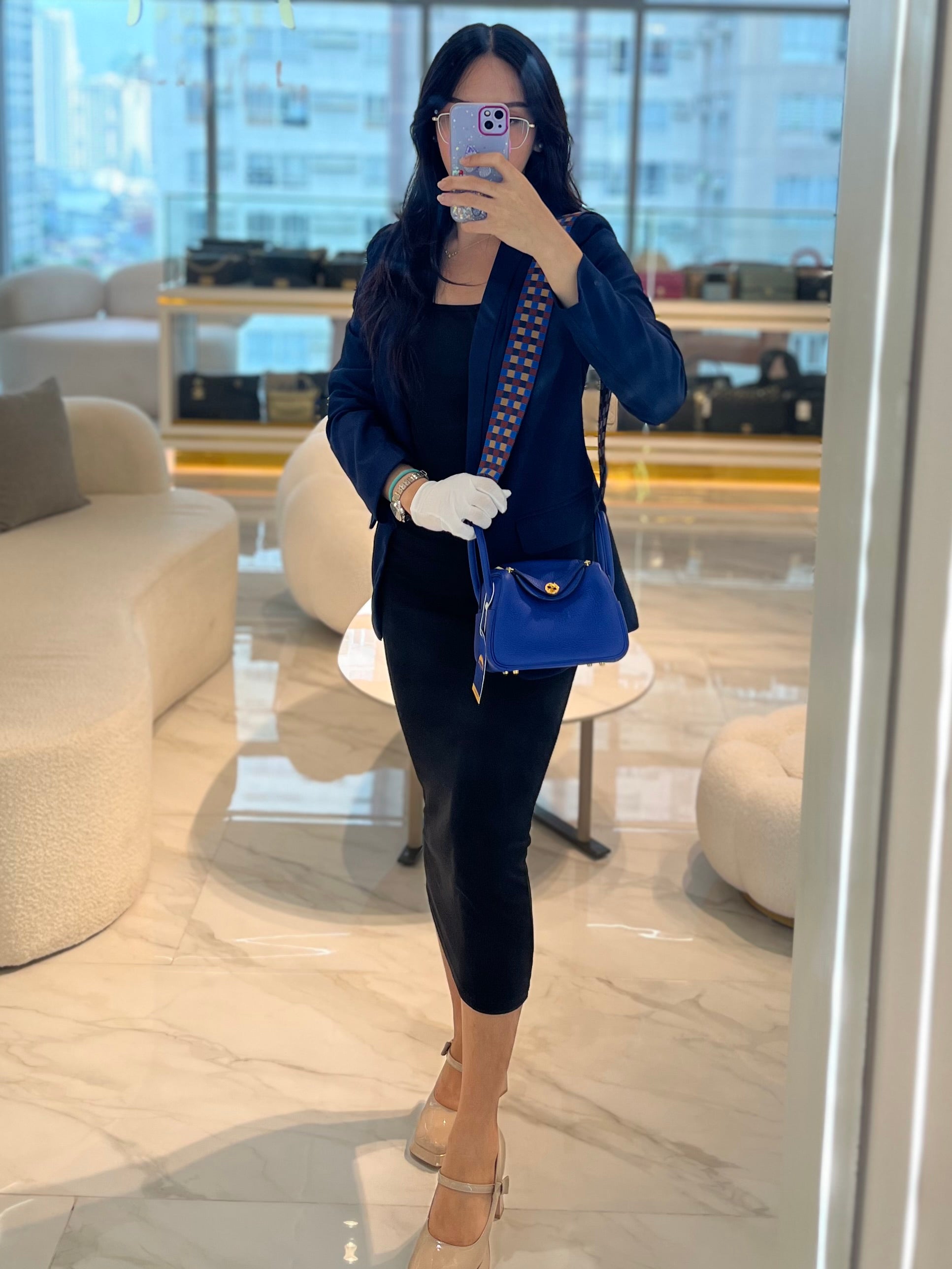 Mini Lindy Bleu Royal in Clemence Leather Maxi Quadrille Strap and Gold Hardware Stamp U (2022) | Purse Maison Luxury Bags Shop