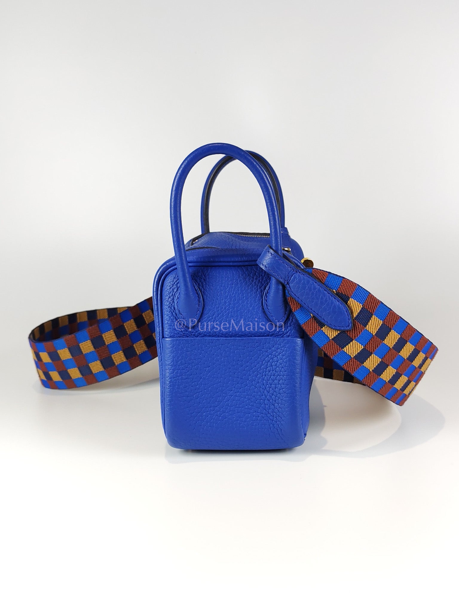 Mini Lindy Bleu Royal in Clemence Leather Maxi Quadrille Strap and Gold Hardware Stamp U (2022) | Purse Maison Luxury Bags Shop