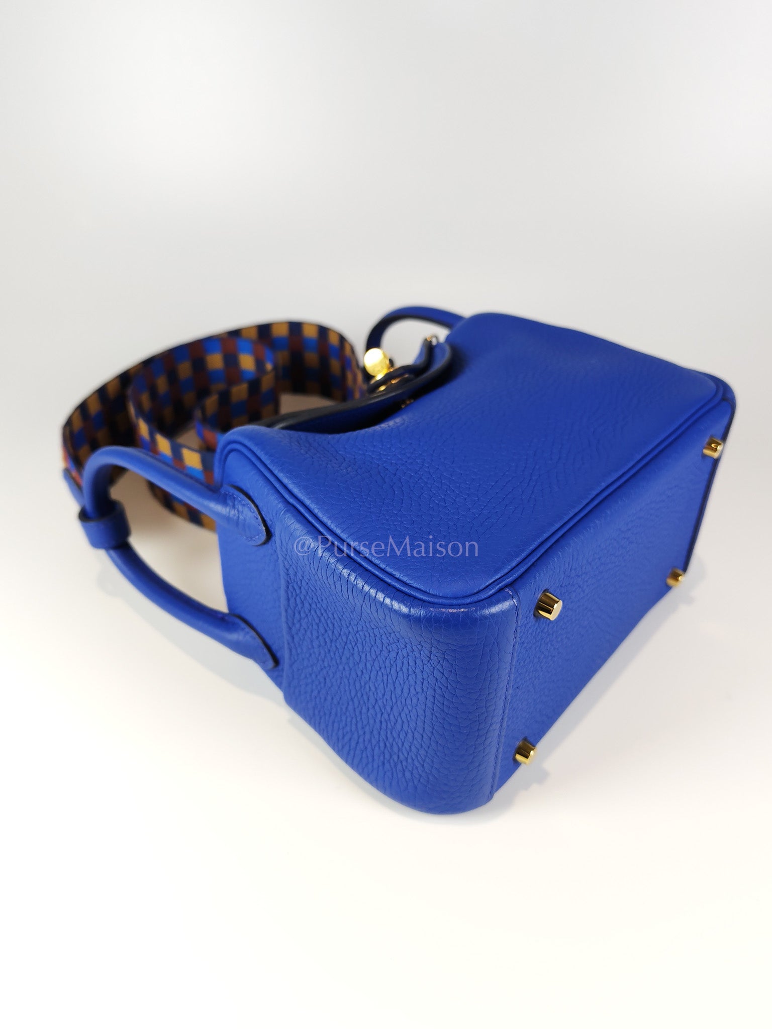 Mini Lindy Bleu Royal in Clemence Leather Maxi Quadrille Strap and Gold Hardware Stamp U (2022) | Purse Maison Luxury Bags Shop