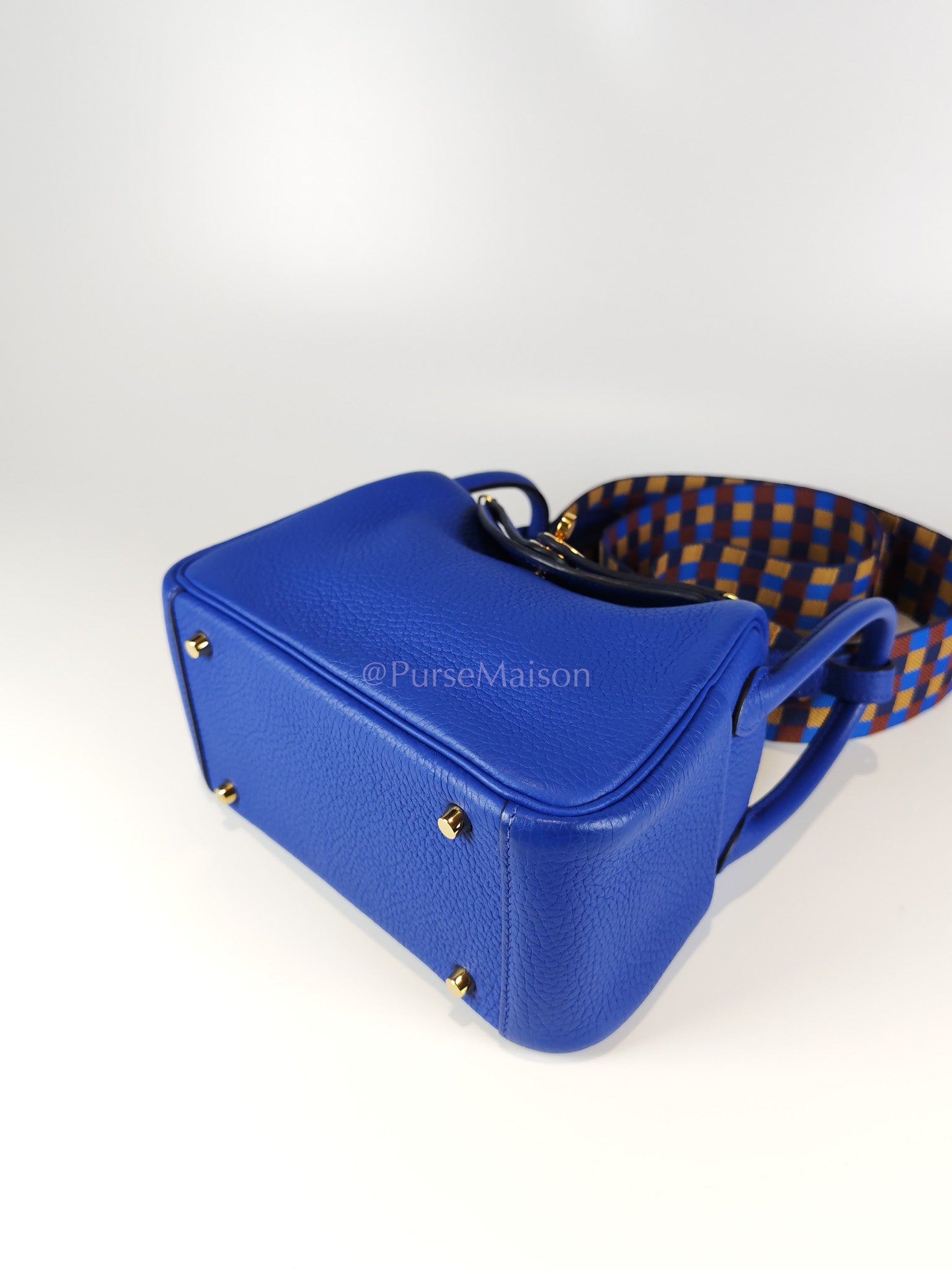 Mini Lindy Bleu Royal in Clemence Leather Maxi Quadrille Strap and Gold Hardware Stamp U (2022) | Purse Maison Luxury Bags Shop