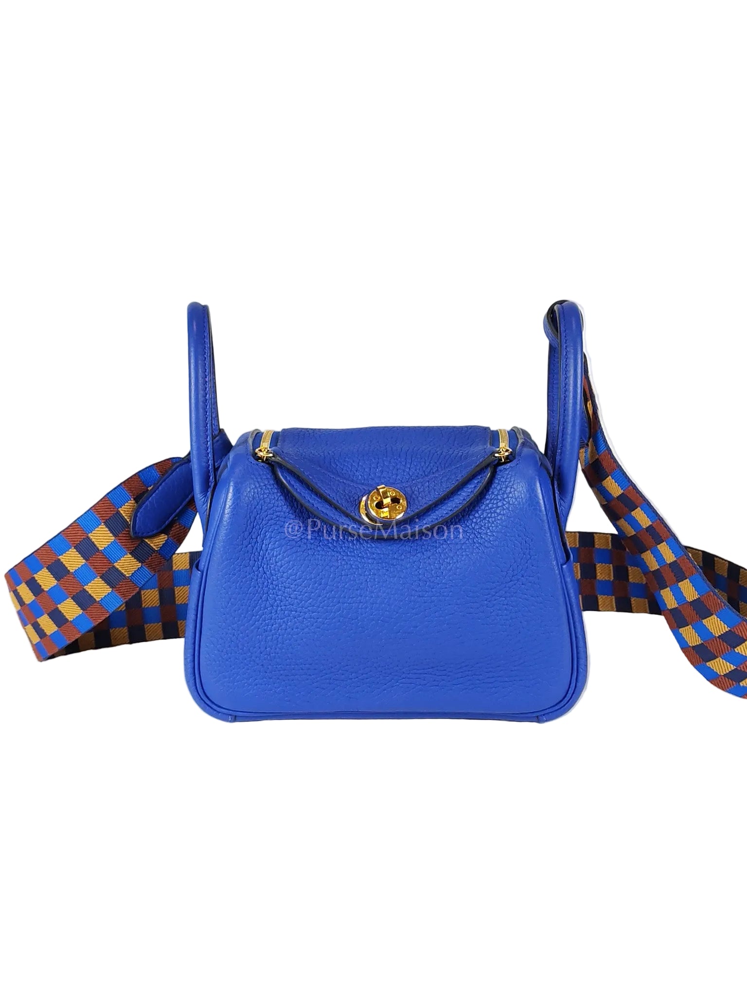 Mini Lindy Bleu Royal in Clemence Leather Maxi Quadrille Strap and Gold Hardware Stamp U (2022) | Purse Maison Luxury Bags Shop