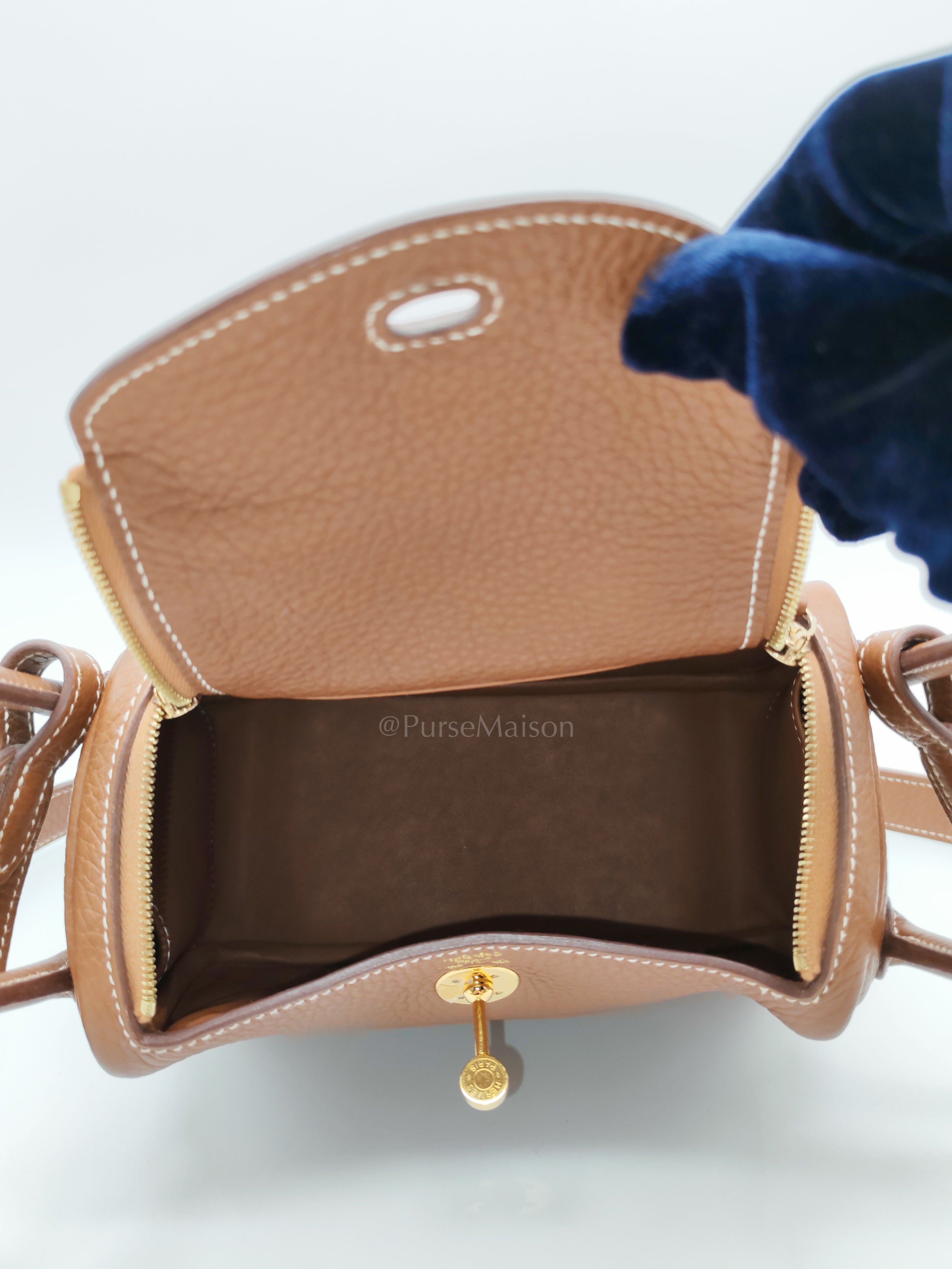 Mini Lindy in Gold Clemence Leather & Gold Hardware Stamp B (2023) | Purse Maison Luxury Bags Shop