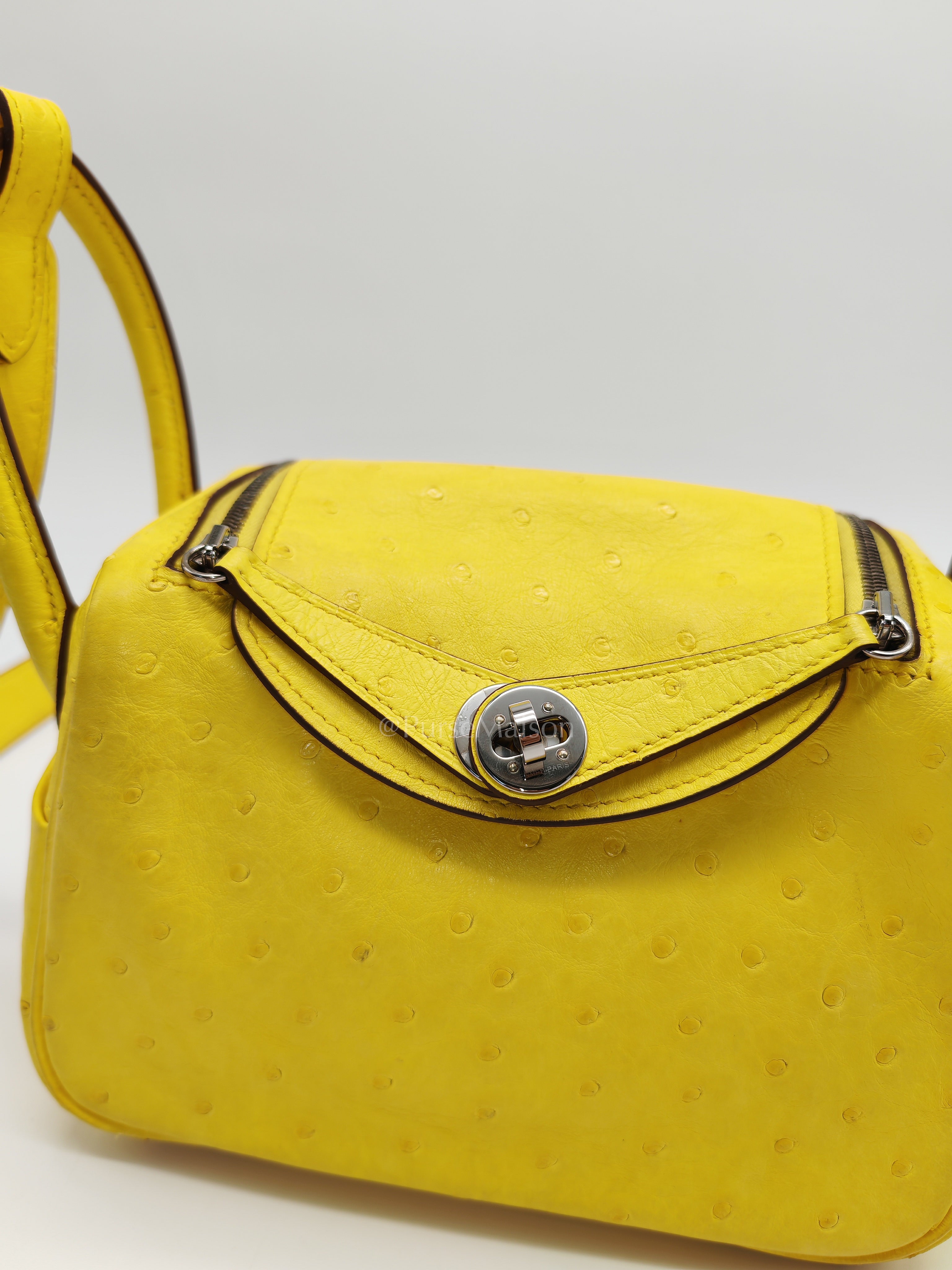 Mini Lindy in Joune Ostrich Leather & Palladium Hardware Stamp Y (2020) | Purse Maison Luxury Bags Shop