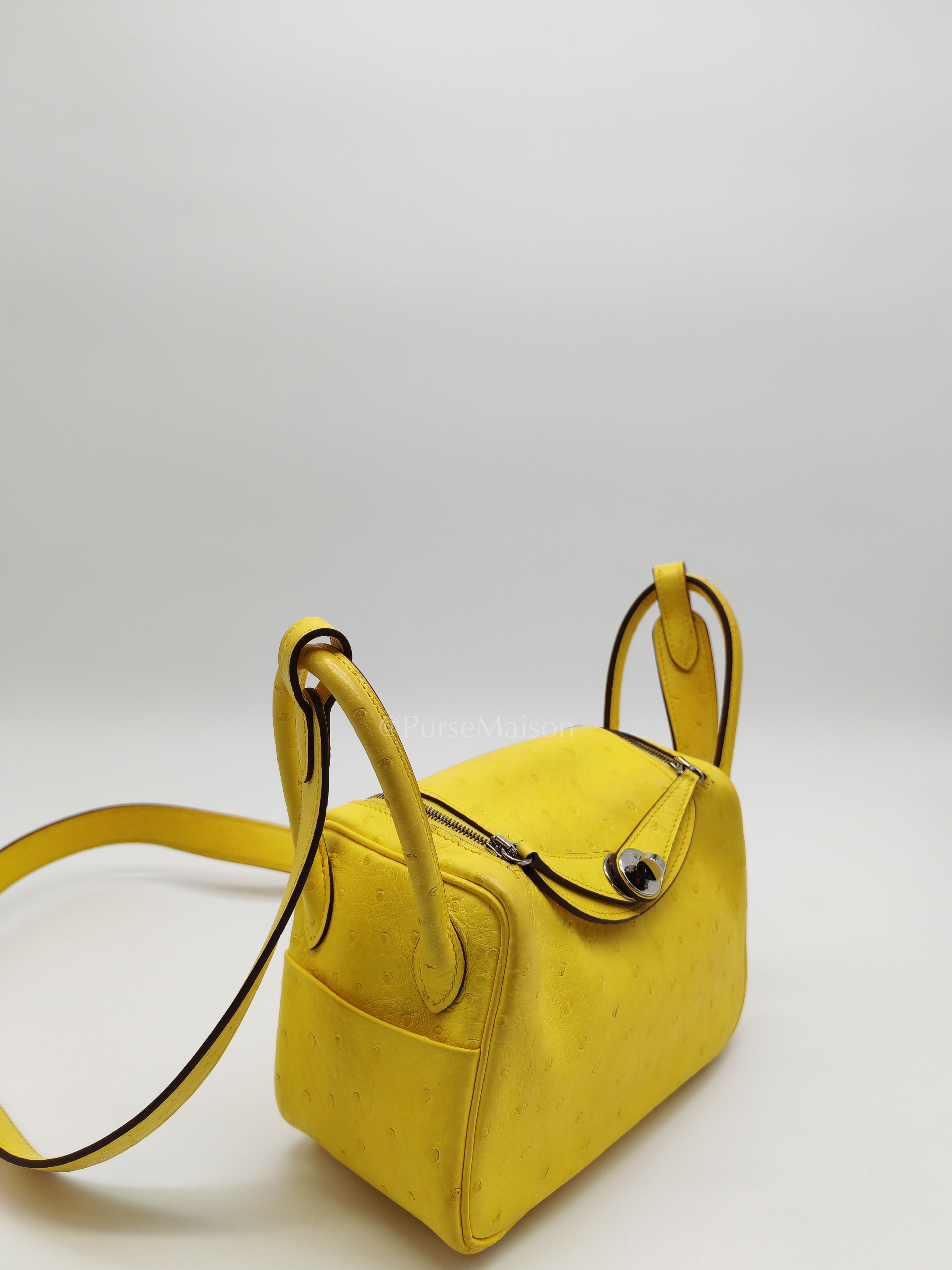 Mini Lindy in Joune Ostrich Leather & Palladium Hardware Stamp Y (2020) | Purse Maison Luxury Bags Shop