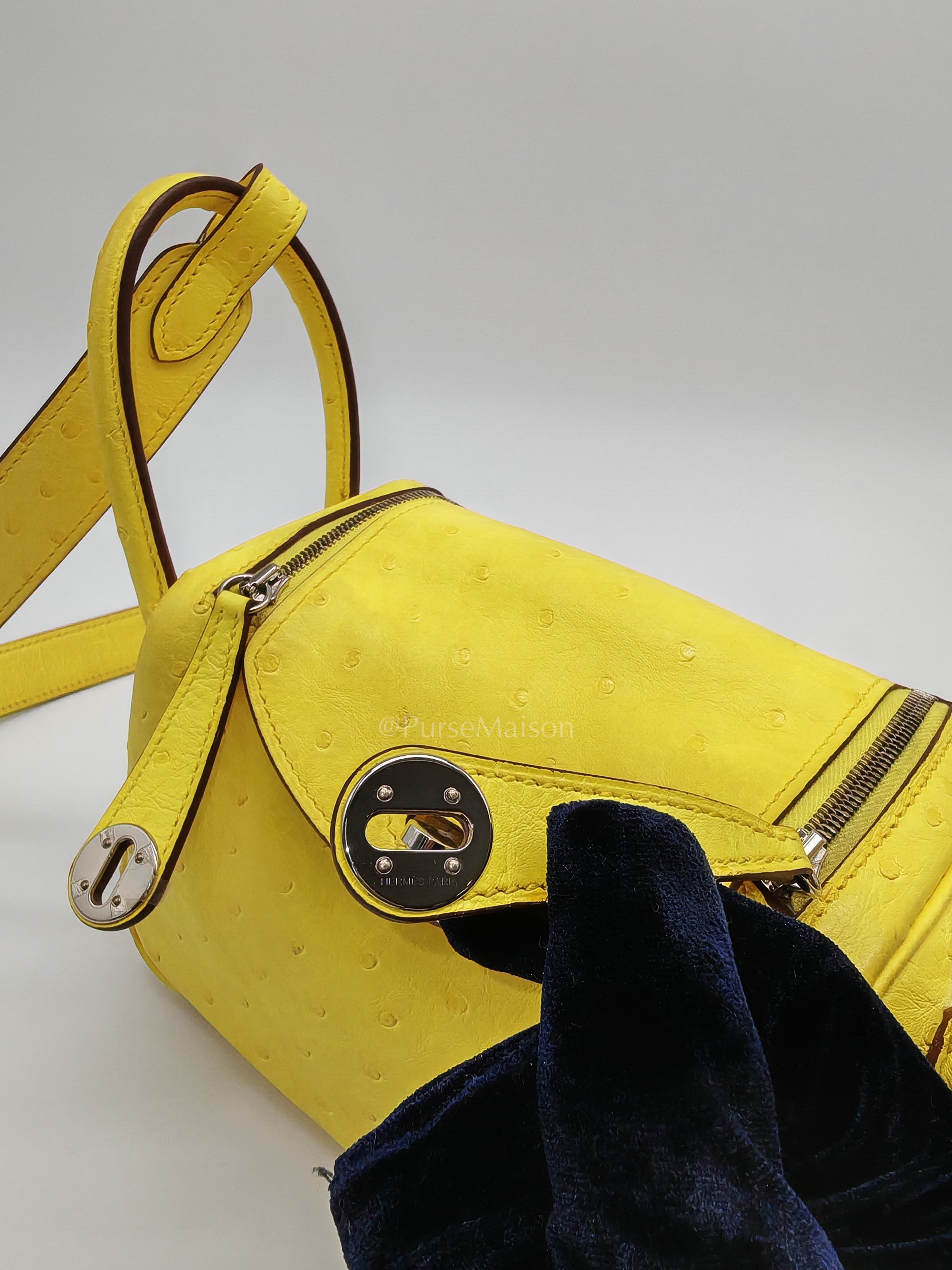 Mini Lindy in Joune Ostrich Leather & Palladium Hardware Stamp Y (2020) | Purse Maison Luxury Bags Shop