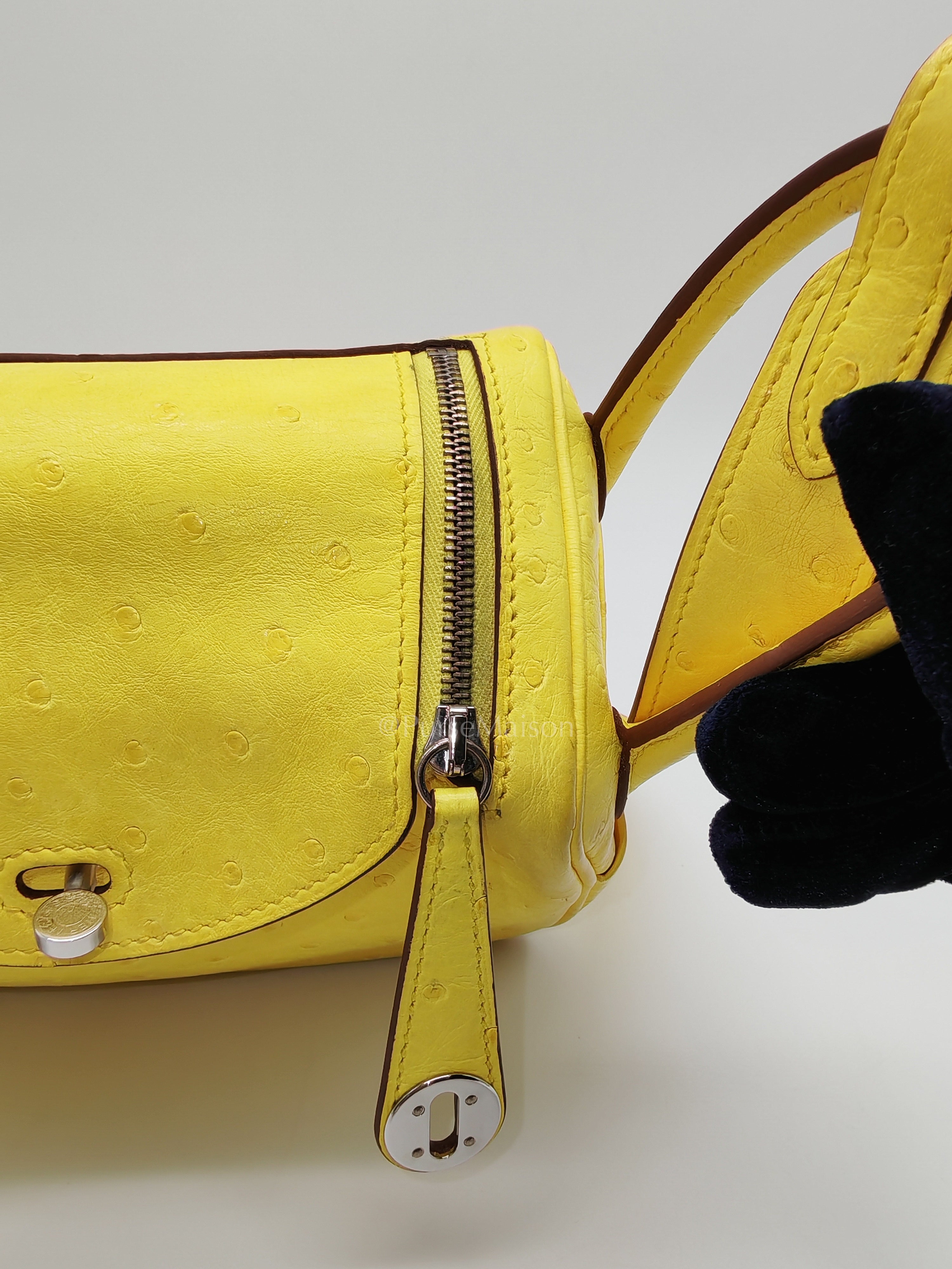 Mini Lindy in Joune Ostrich Leather & Palladium Hardware Stamp Y (2020) | Purse Maison Luxury Bags Shop