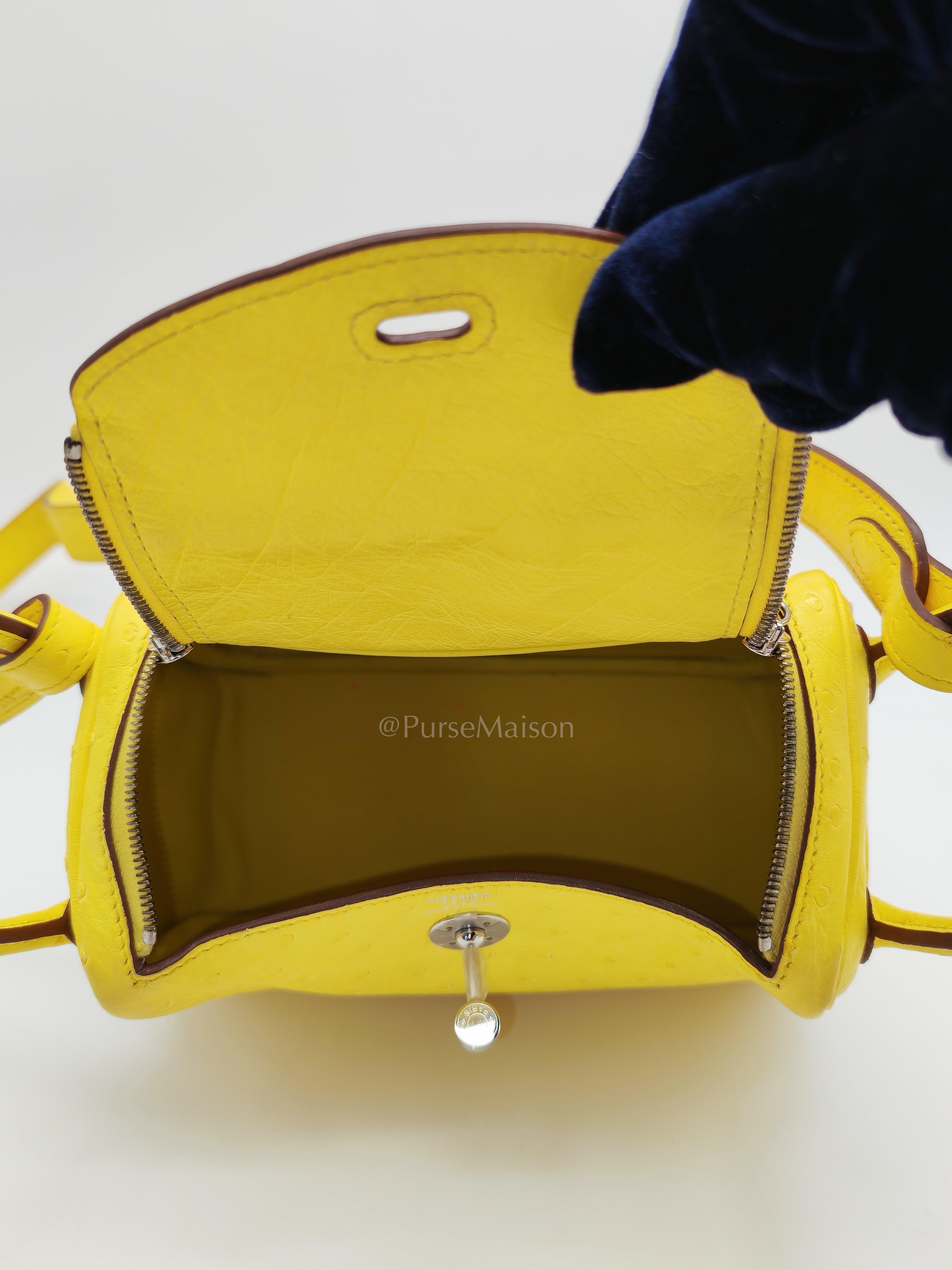Mini Lindy in Joune Ostrich Leather & Palladium Hardware Stamp Y (2020) | Purse Maison Luxury Bags Shop