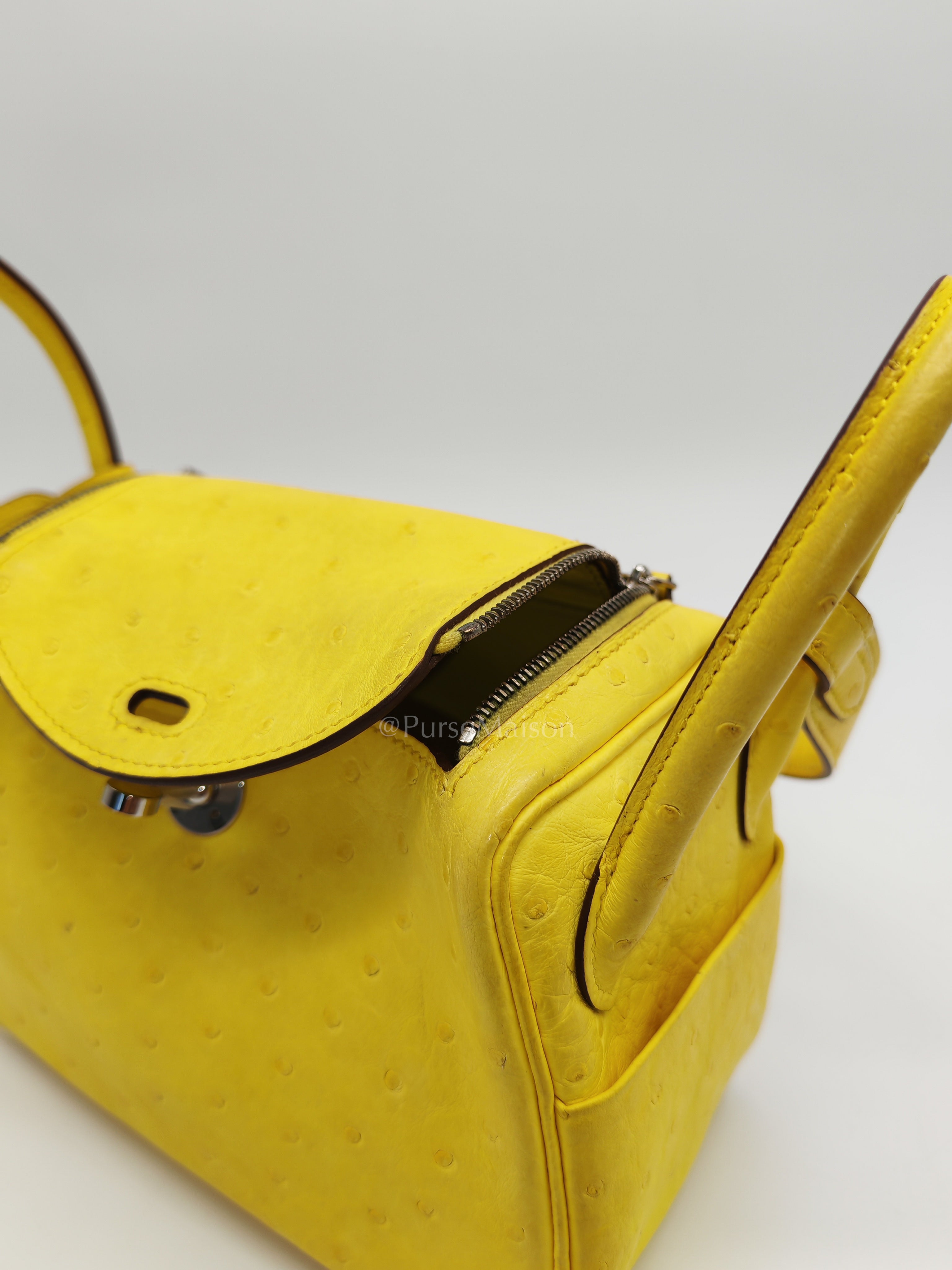 Mini Lindy in Joune Ostrich Leather & Palladium Hardware Stamp Y (2020) | Purse Maison Luxury Bags Shop