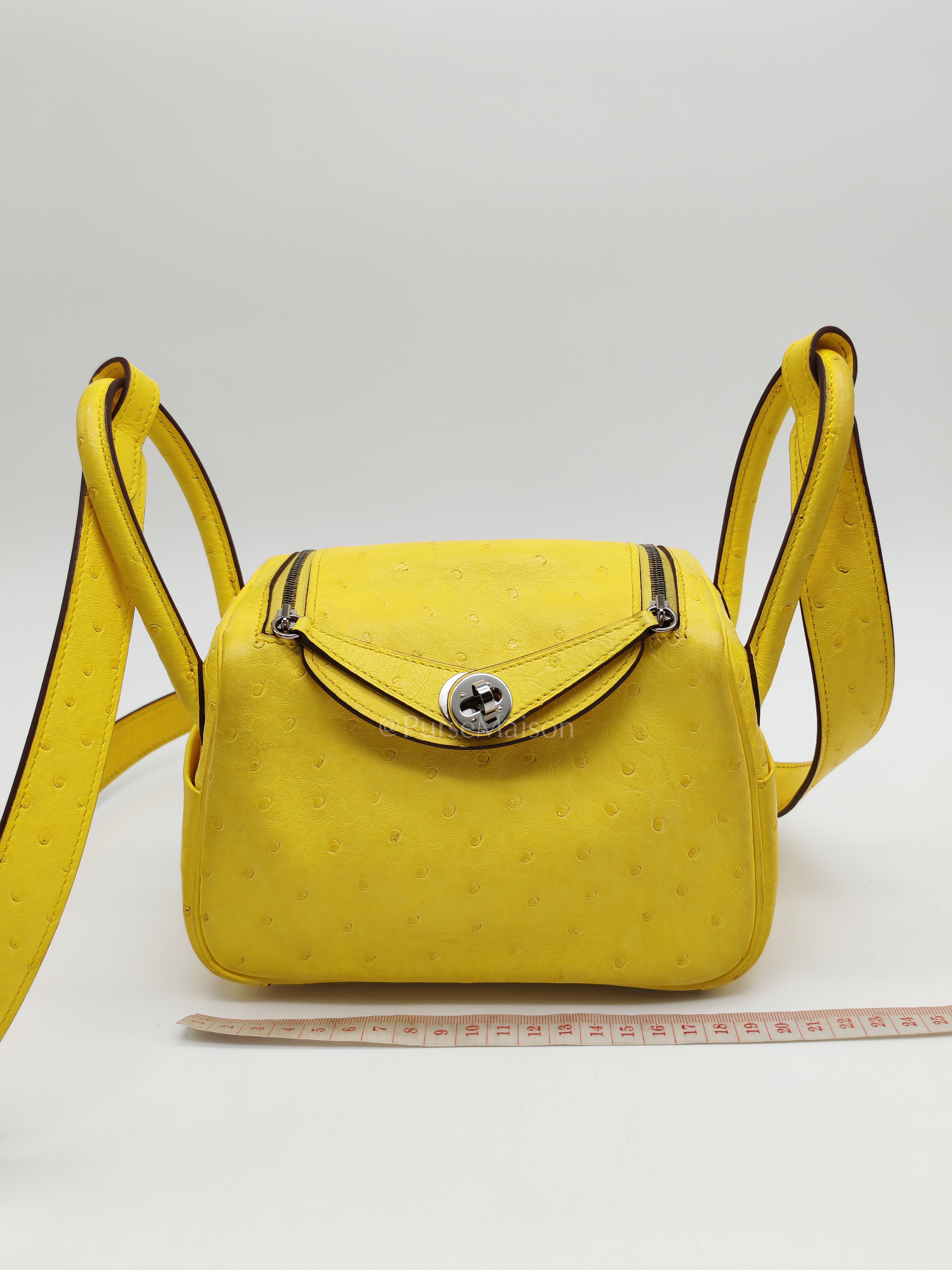 Mini Lindy in Joune Ostrich Leather & Palladium Hardware Stamp Y (2020) | Purse Maison Luxury Bags Shop