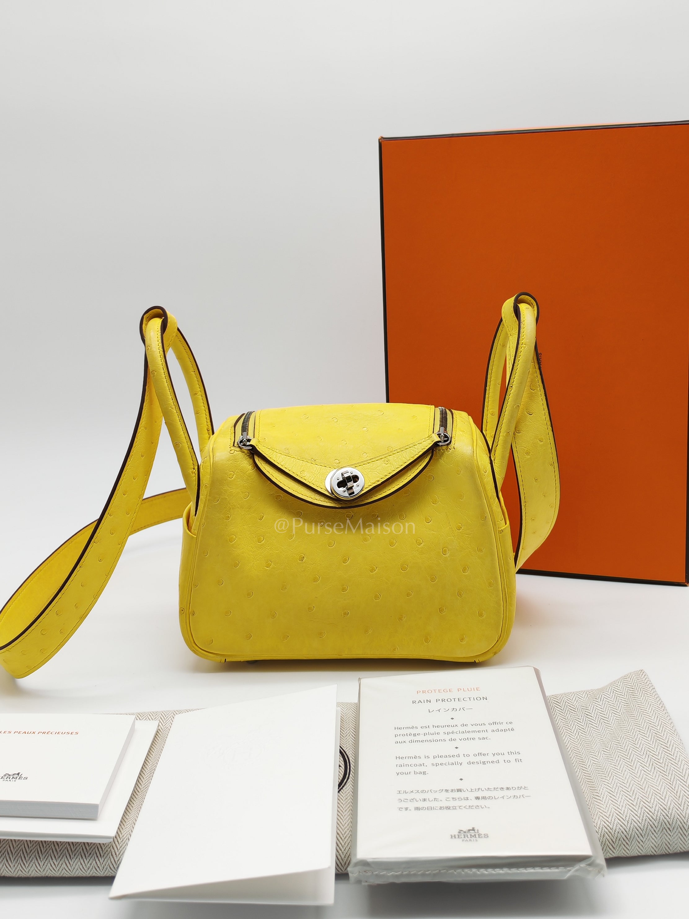 Mini Lindy in Joune Ostrich Leather & Palladium Hardware Stamp Y (2020) | Purse Maison Luxury Bags Shop