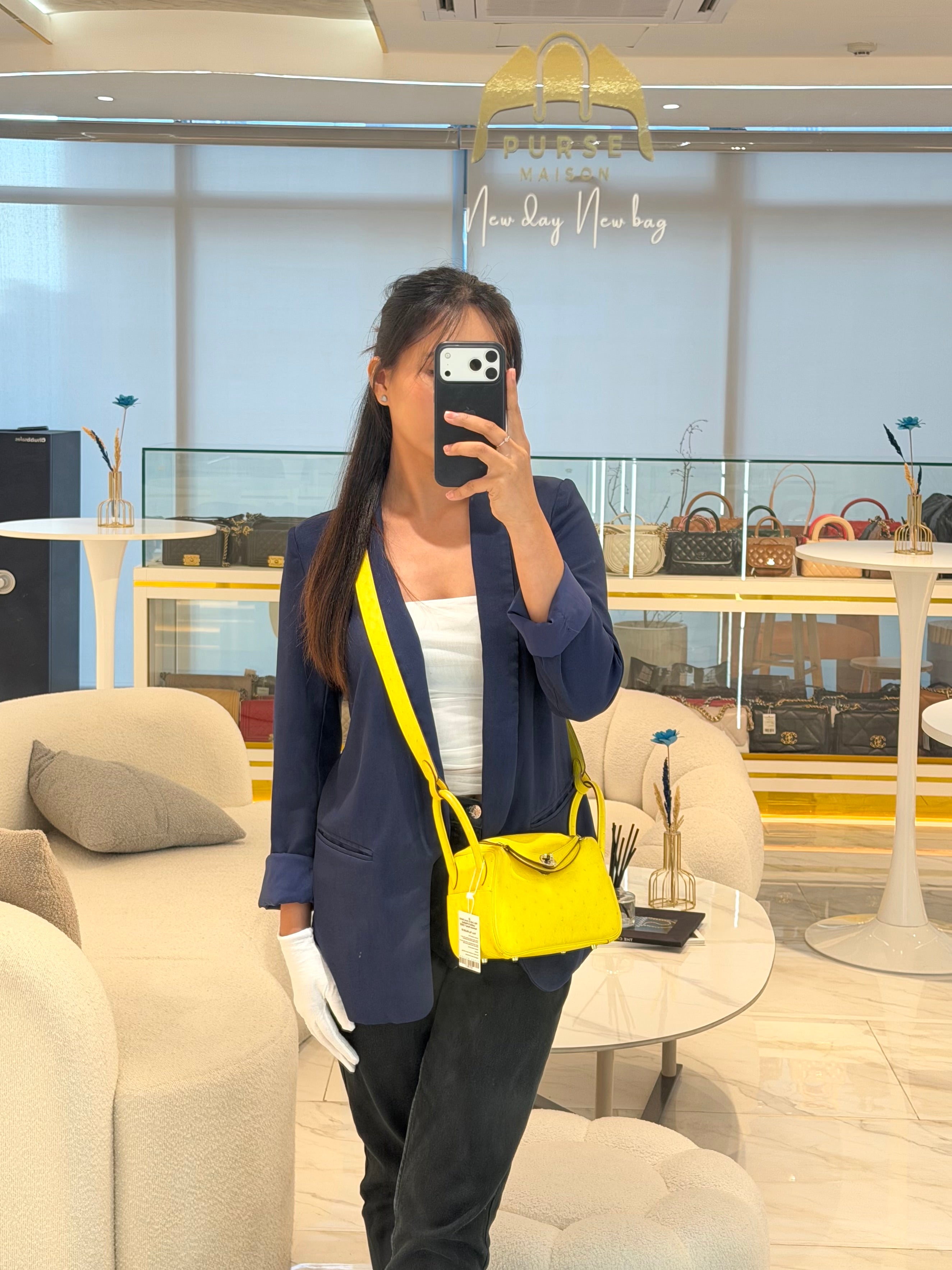 Mini Lindy in Joune Ostrich Leather & Palladium Hardware Stamp Y (2020) | Purse Maison Luxury Bags Shop