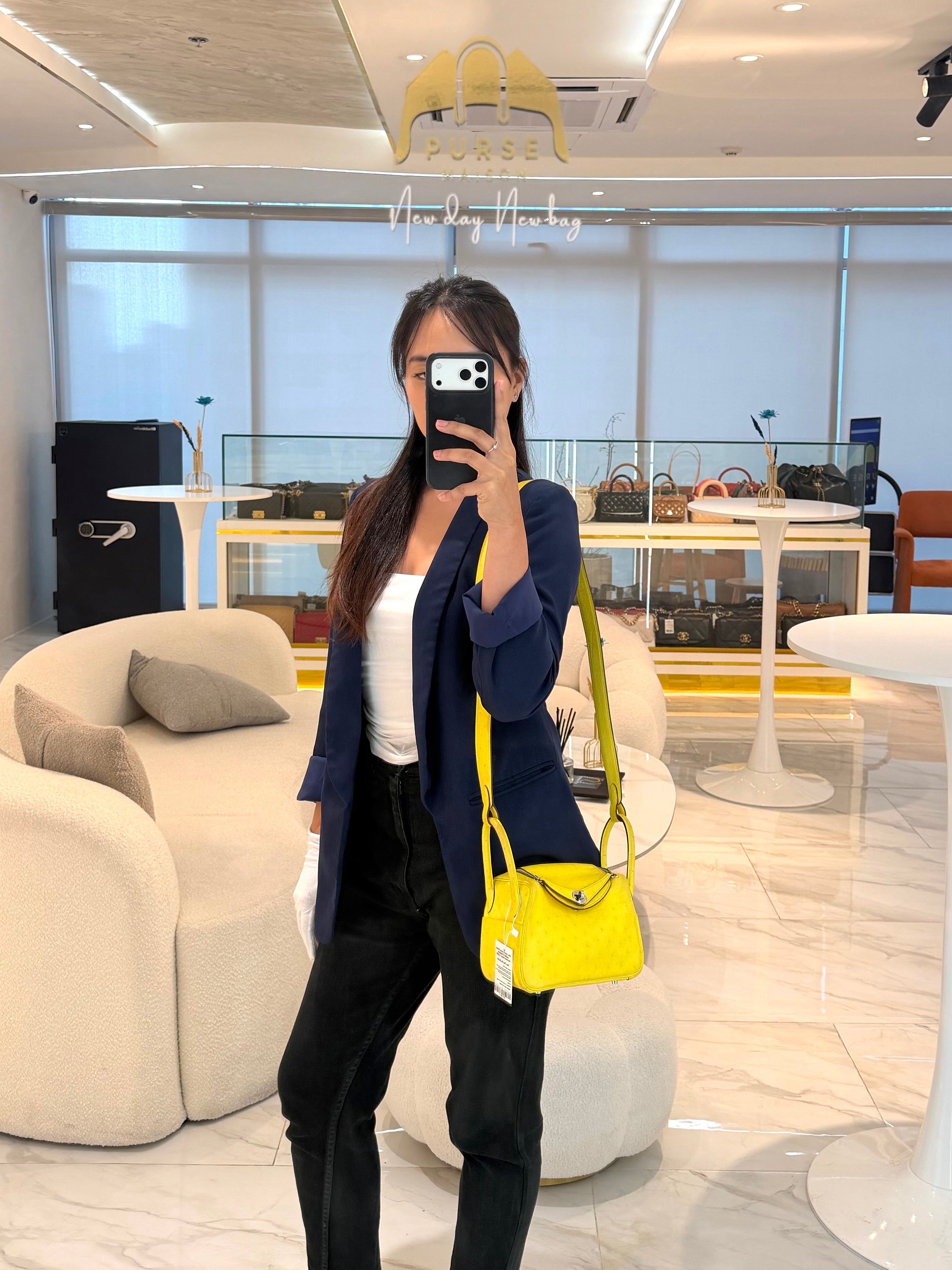 Mini Lindy in Joune Ostrich Leather & Palladium Hardware Stamp Y (2020) | Purse Maison Luxury Bags Shop