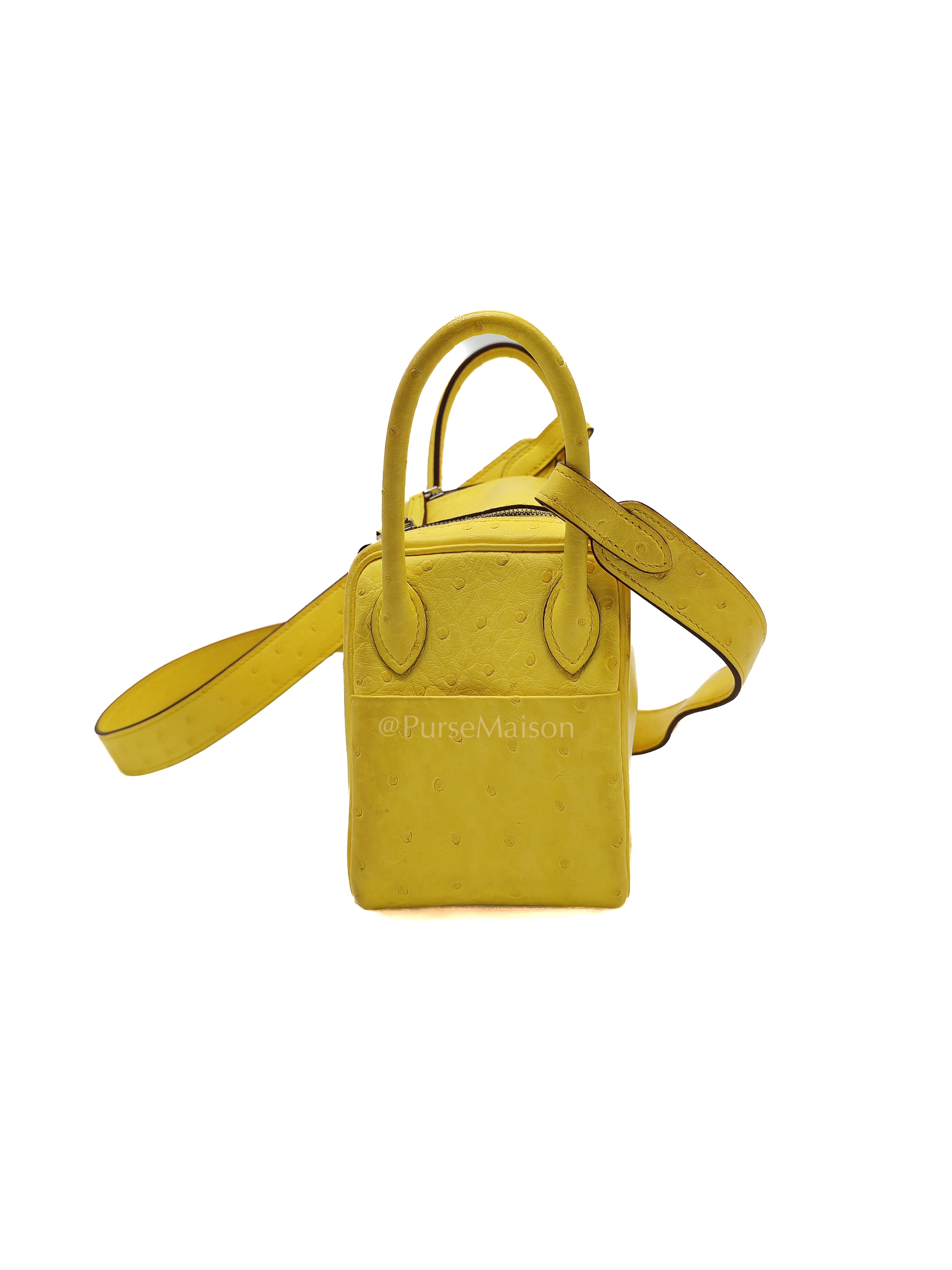 Mini Lindy in Joune Ostrich Leather & Palladium Hardware Stamp Y (2020) | Purse Maison Luxury Bags Shop