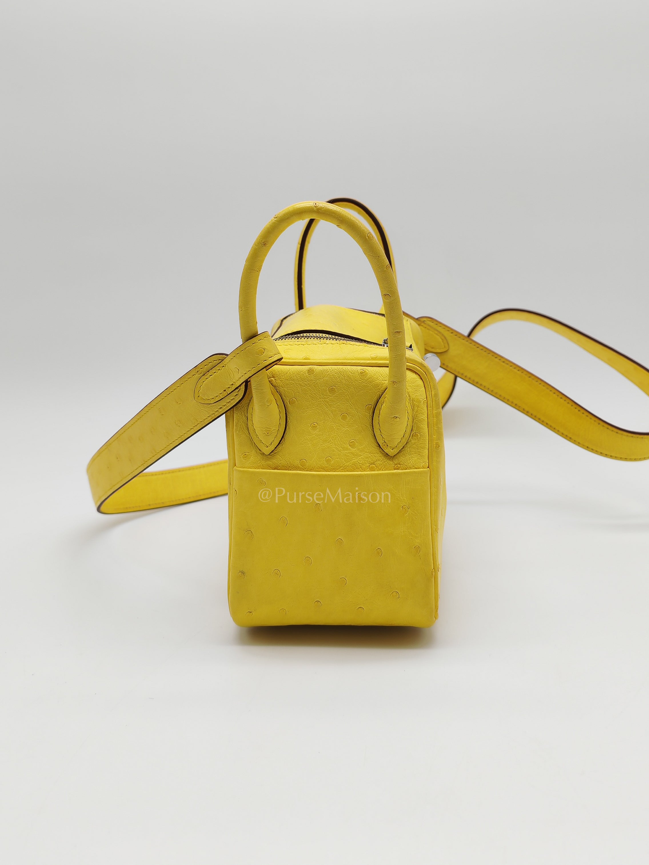 Mini Lindy in Joune Ostrich Leather & Palladium Hardware Stamp Y (2020) | Purse Maison Luxury Bags Shop