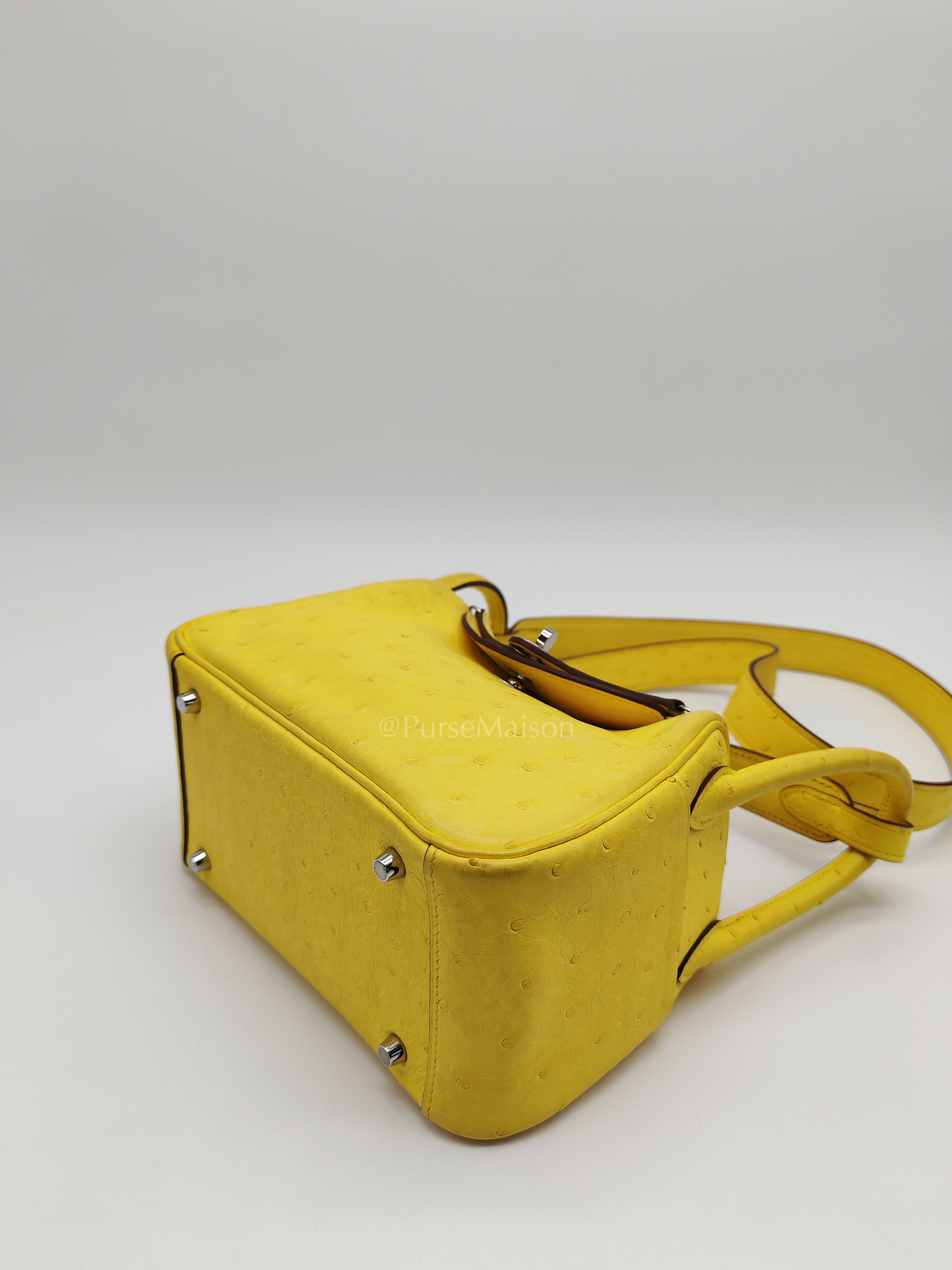 Mini Lindy in Joune Ostrich Leather & Palladium Hardware Stamp Y (2020) | Purse Maison Luxury Bags Shop