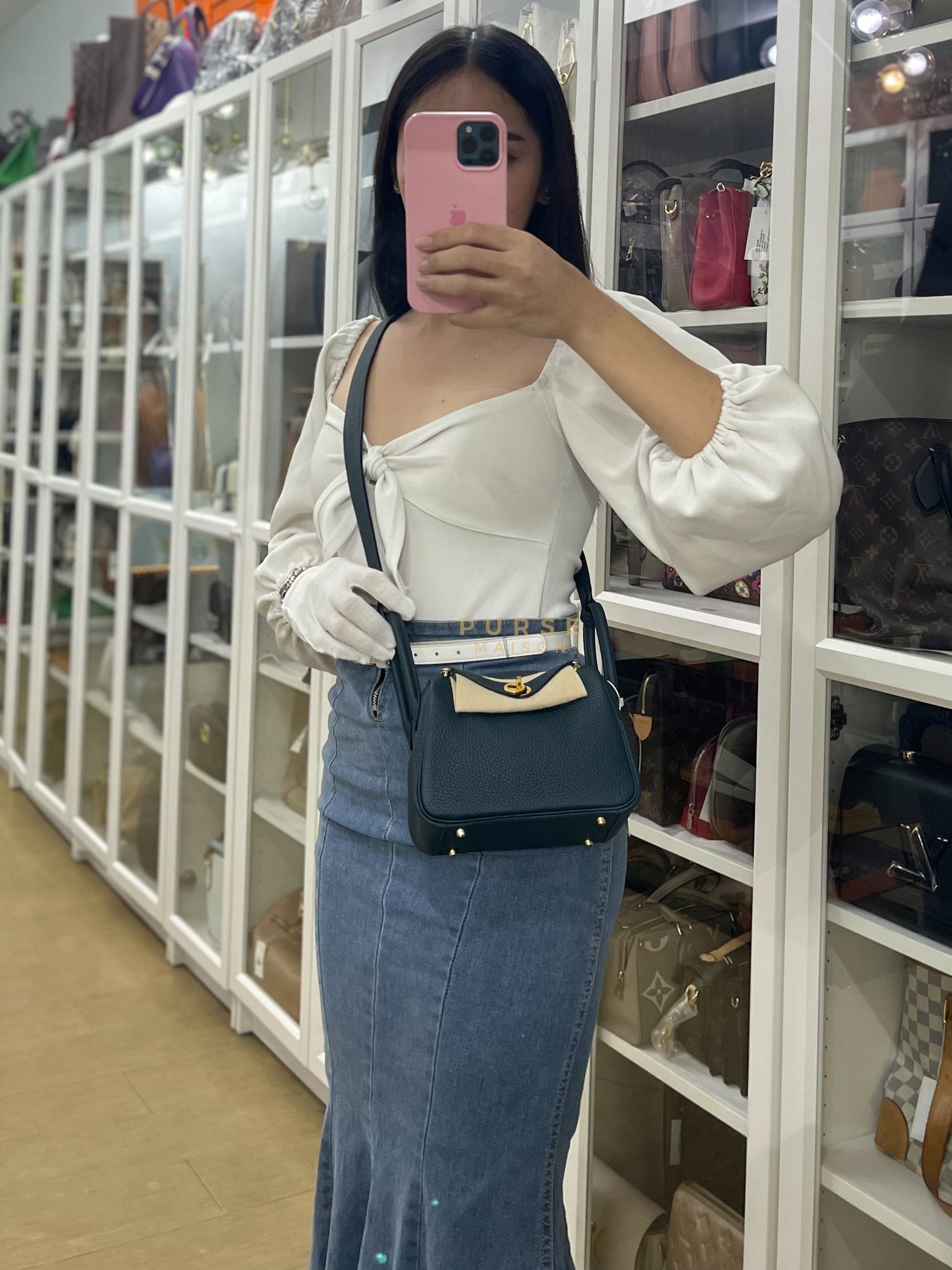 Mini Lindy in Vert Cypress Taurillon Clemence Leather and Gold Hardware Stamp W (2024) | Purse Maison Luxury Bags Shop