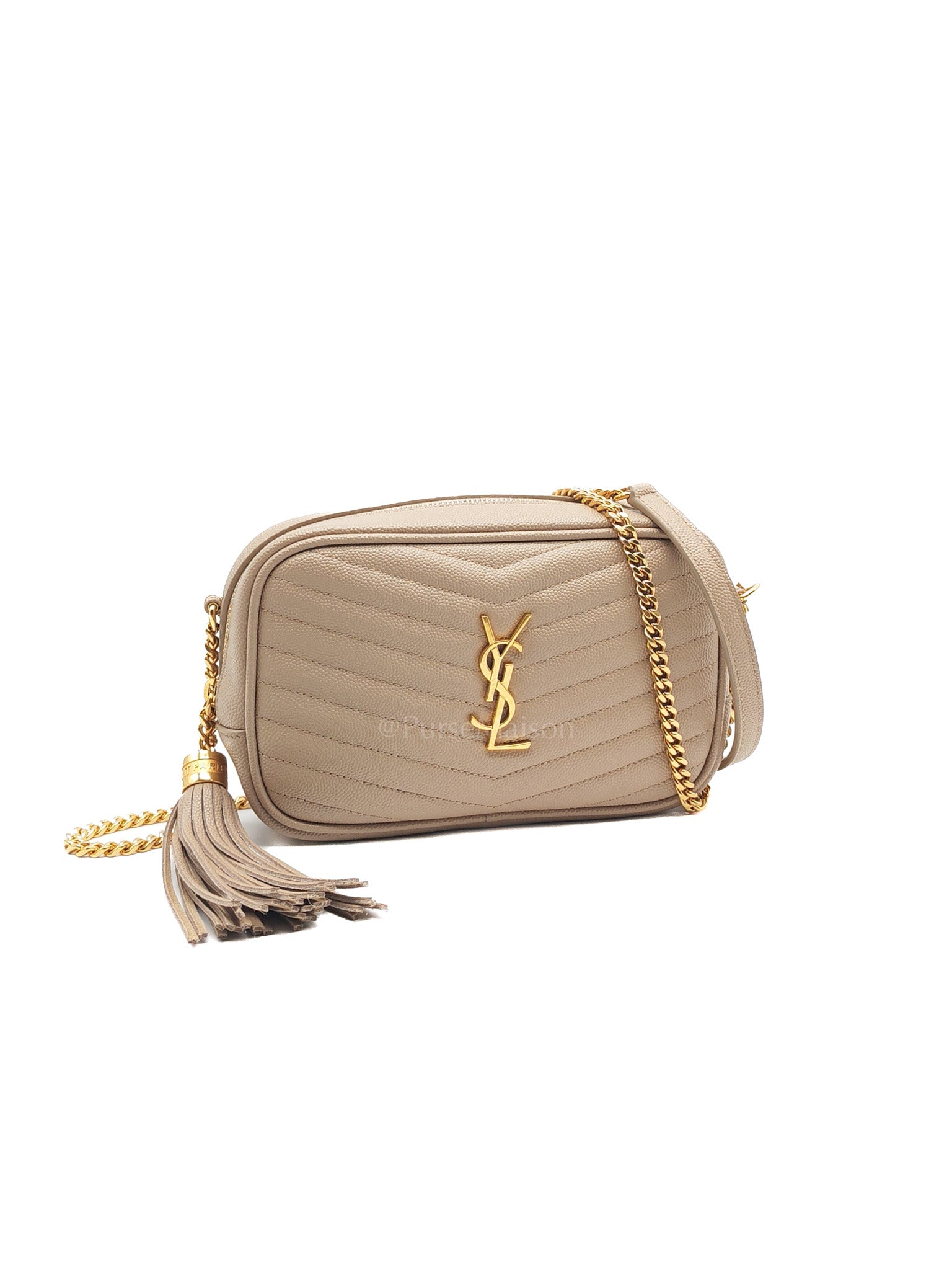 Mini Lou Camera Bag in Dark Beige Grain De Poudre Matelasse Monogram Leather and Gold Hardware | Purse Maison Luxury Bags Shop