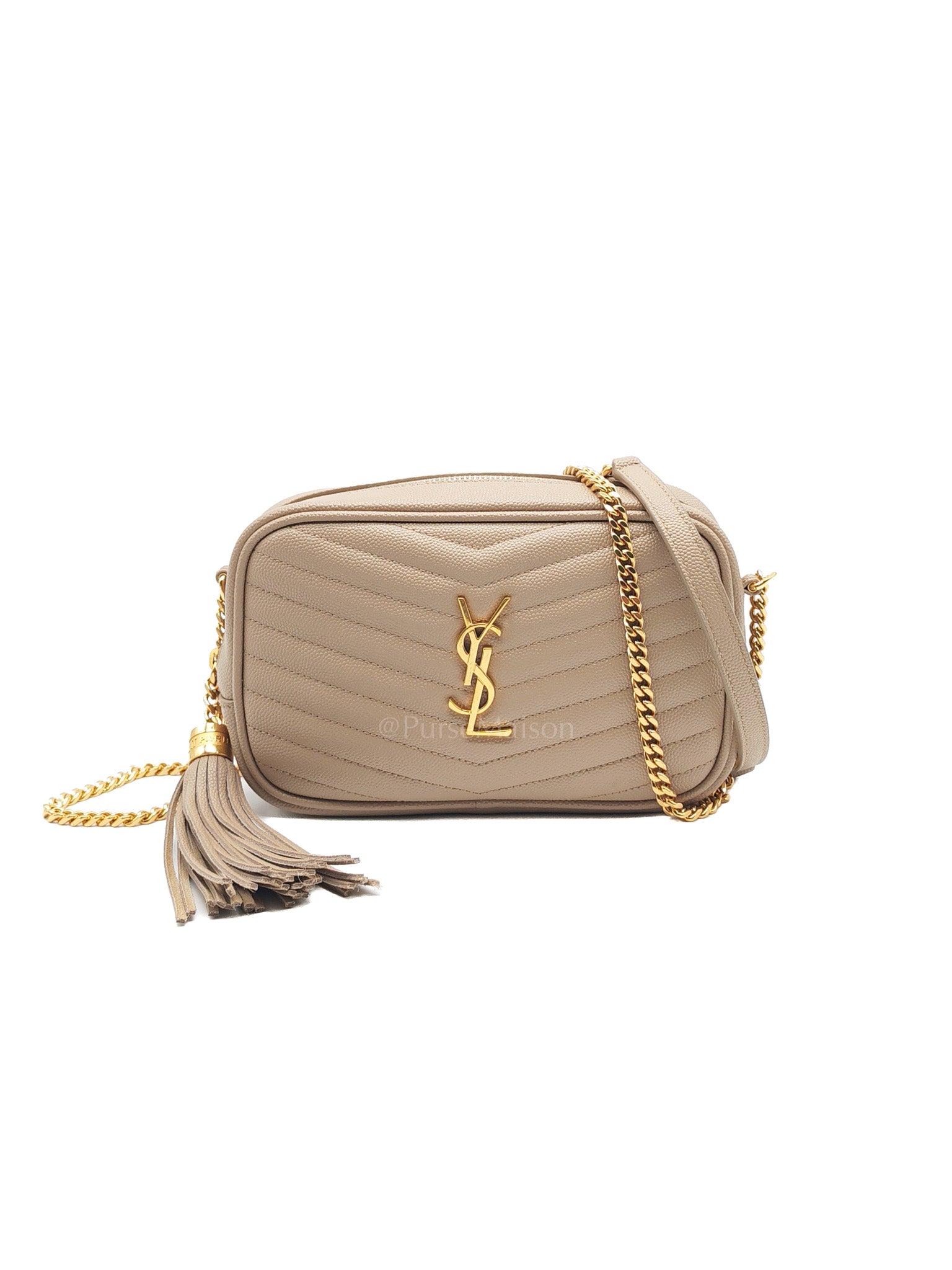 Mini Lou Camera Bag in Dark Beige Grain De Poudre Matelasse Monogram Leather and Gold Hardware | Purse Maison Luxury Bags Shop