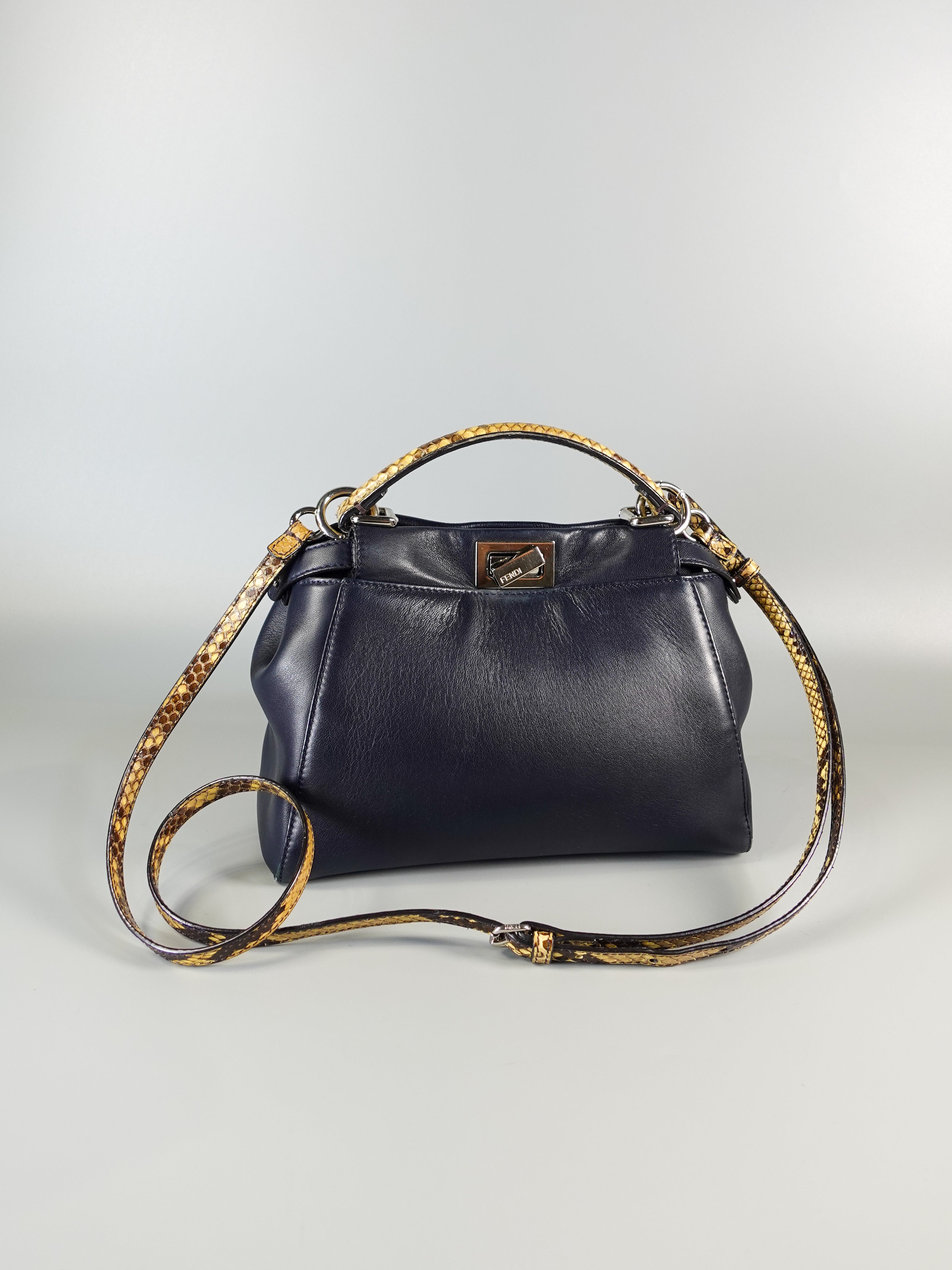 Mini Peekaboo in Navy Blue Leather with Python Top Handle | Purse Maison Luxury Bags Shop