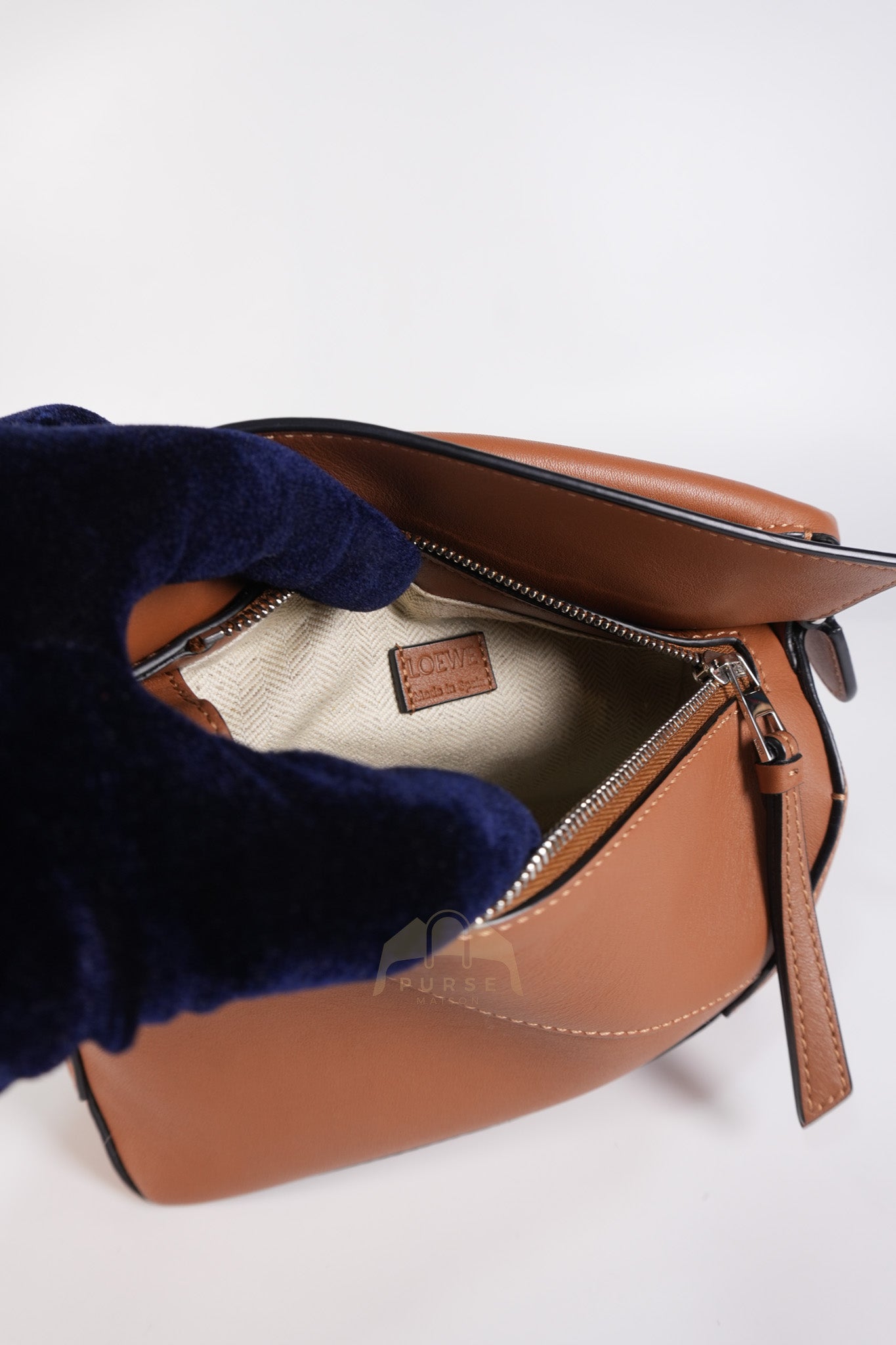 Mini Puzzle Edge Bag in Tan Calfskin Leather & Silver Hardware | Purse Maison Luxury Bags Shop