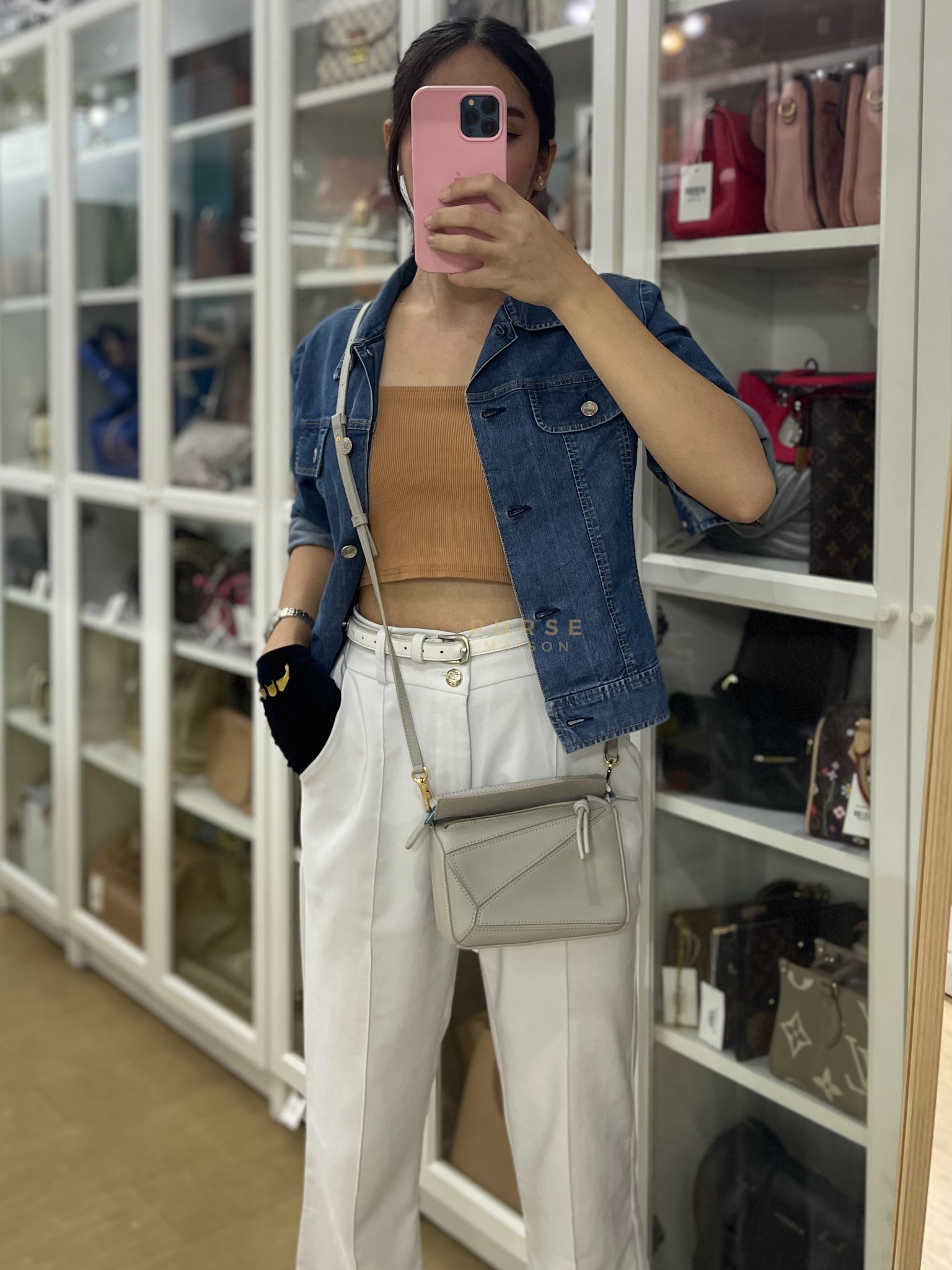 Mini Puzzle Woven Handle in Gray Calfskin Leather | Purse Maison Luxury Bags Shop