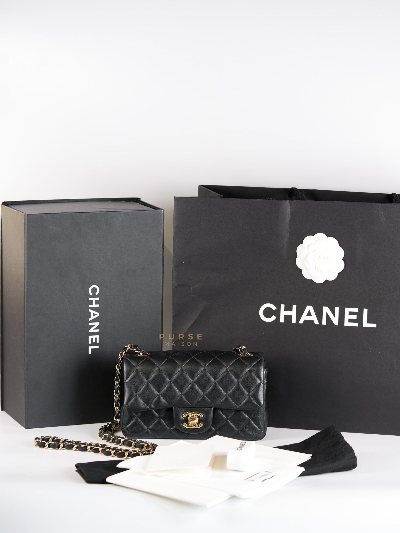 Mini Rectangle Black Lambskin Leather and Light Gold Hardware (Microchip) | Purse Maison Luxury Bags Shop